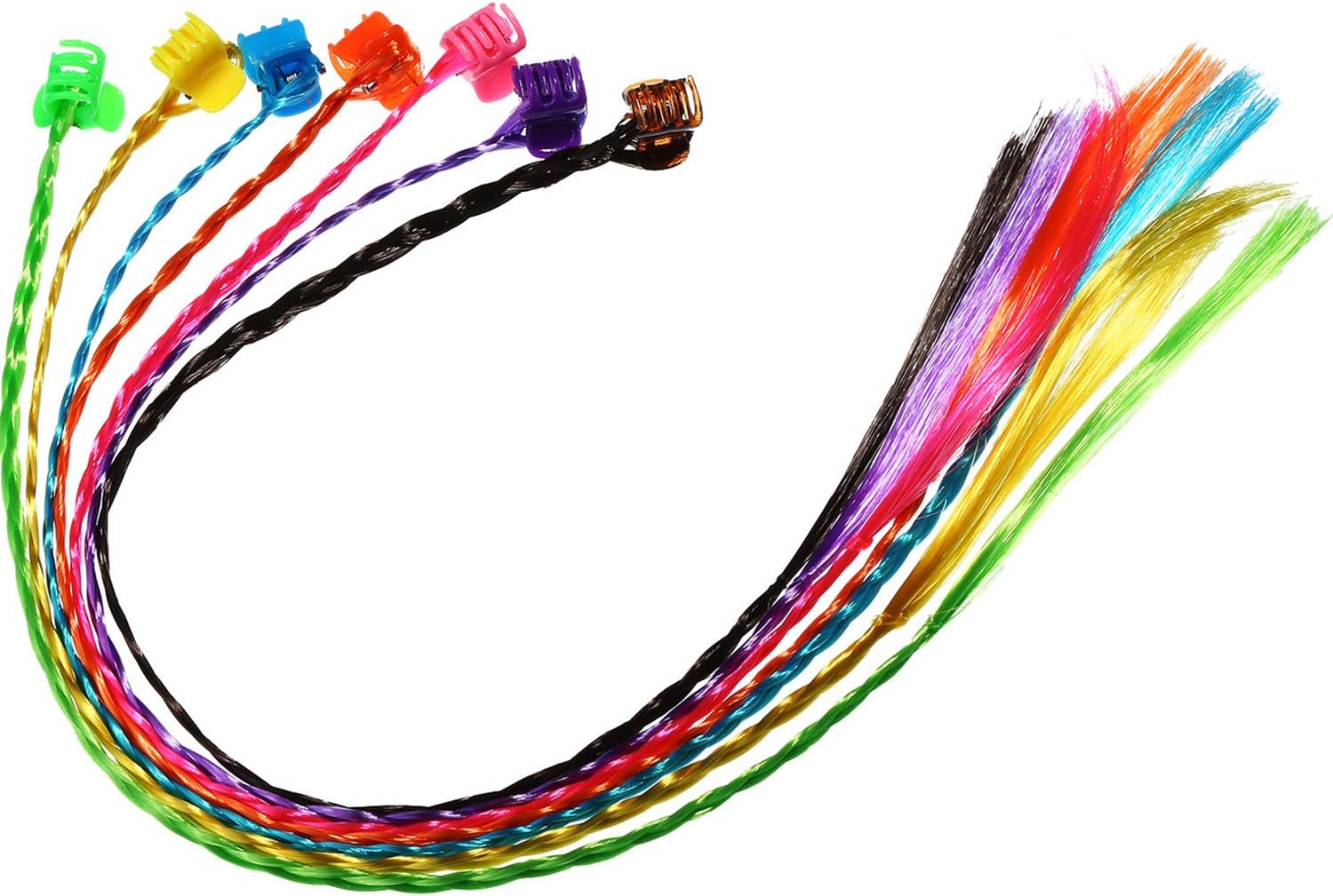 Bememo 21 pieces Nylon Braided kids Hair extensions Neon Hair Braid Extensions Attachments with Neon Clip Snaps for Birthday Party Favors and Children Performance, 7 Colors