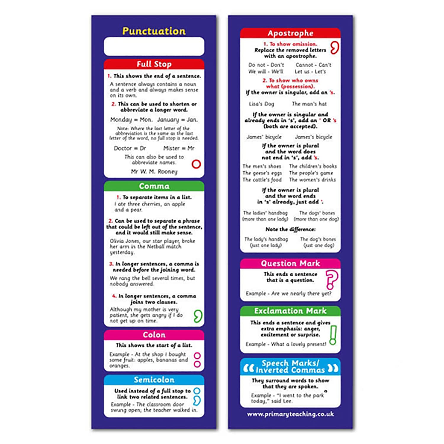 30 Punctuation Explanation Literacy Childrens Pupils Teachers School Bookmarks 59MMx210MM Primary Teaching Services