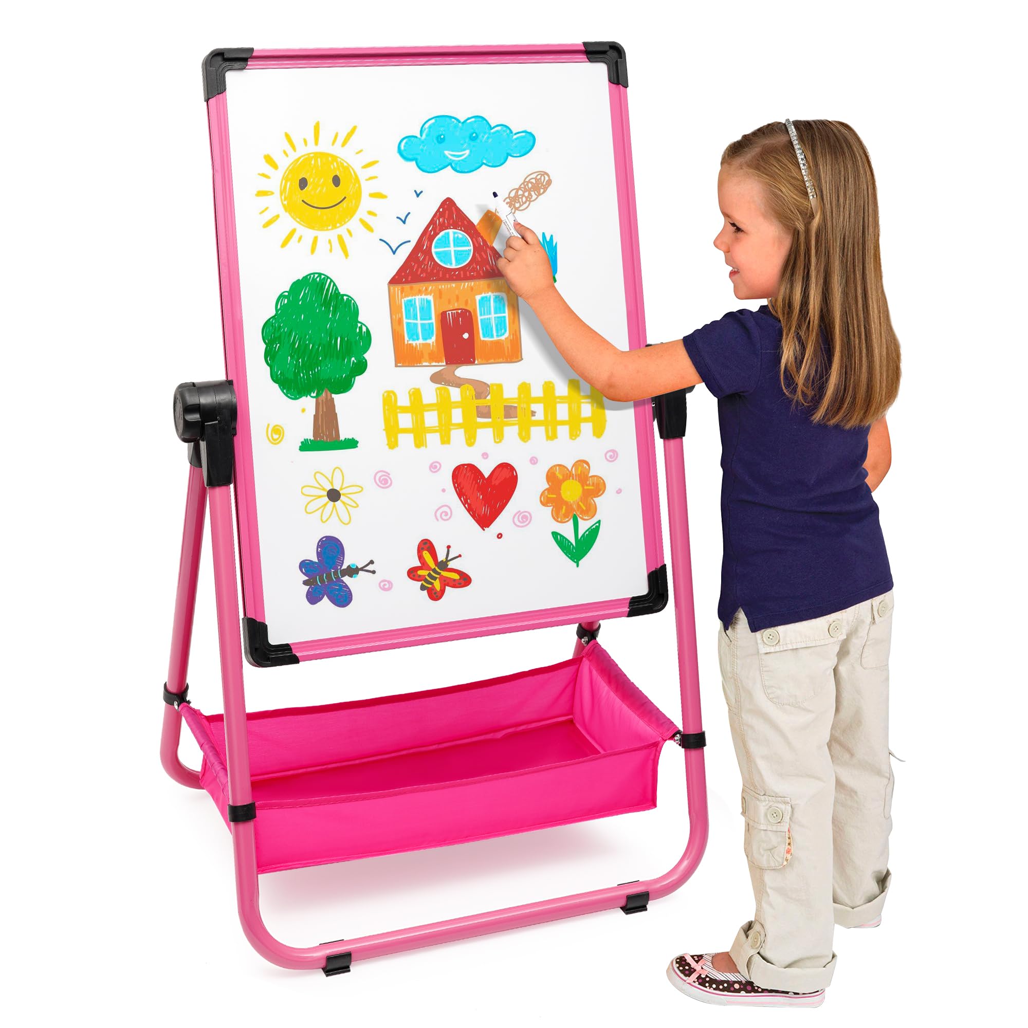 Kids Art Easel Double Sided Iron Easel Whiteboard Chalkboard 360° Rotatable Easels 75cm-111cm Height Adjustable Standing Foldable Drawing Board with Letters Numbers for Toddlers Kids
