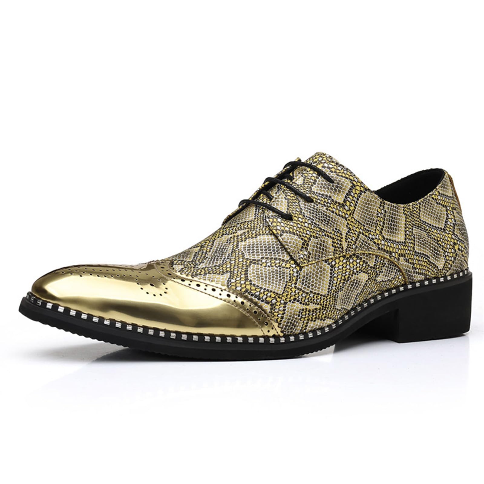 Photo 1 of Men's Sparkly Snakeskin Point Toe Brogue Oxford Shoes Comfortable Soft Sole Lace Up Block Heel Low Top Chelsea Boots Non Slip Weddings Party Dress Derby Shoes (Gold,10)
