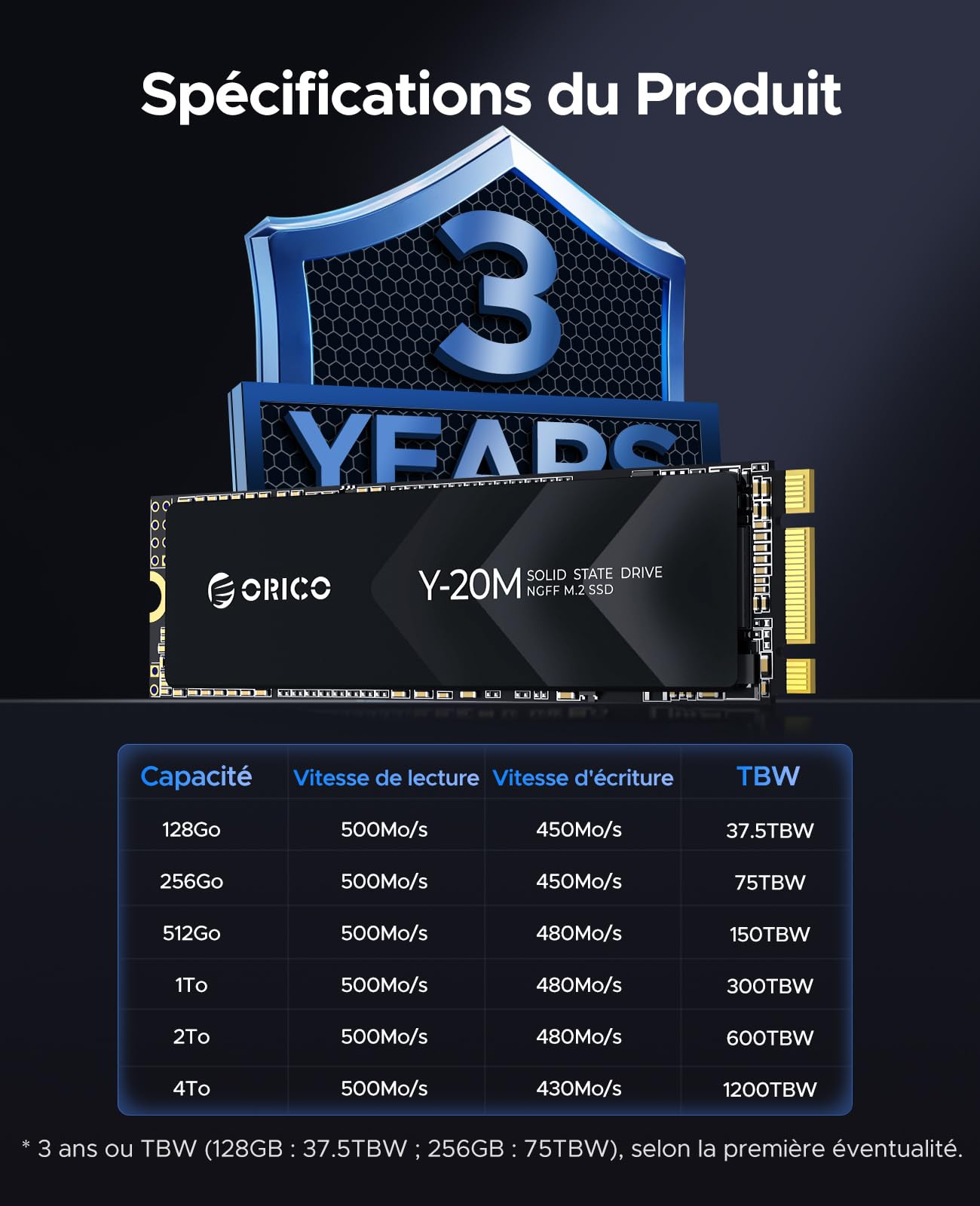 ORICO 512Go M.2 2280 SATA SSD, SATA III 6Gbps M2 SSD avec Clé B+M, 500MB/s Disque Dur Interne pour Ordinateur de Bureau/Portable - Y20M