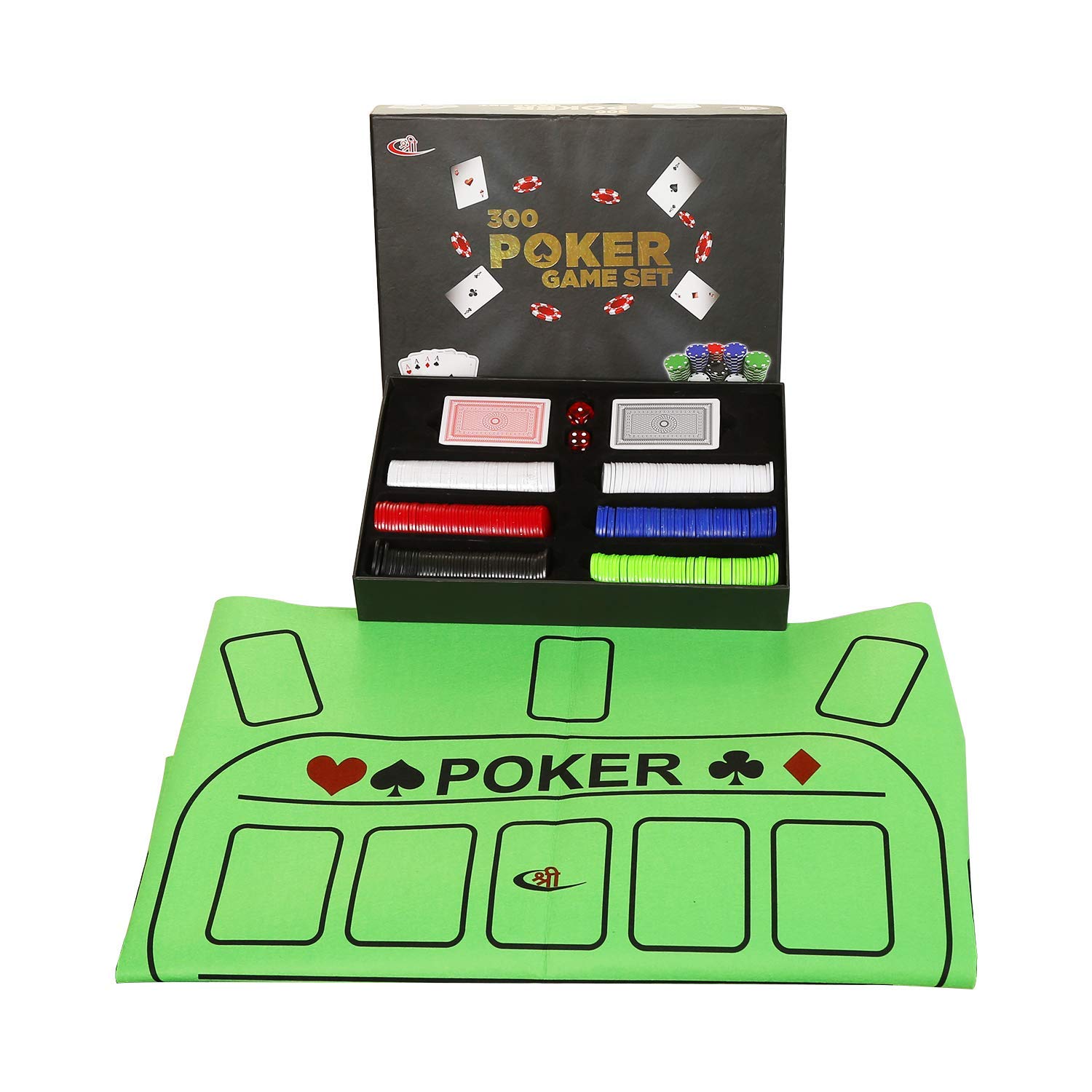 Kids Mandi Casino Style 300 Plastic Poker Chips Set for Texas Holdem, Blackjack, Gambling | Comes with Playing Mat, Cards, Chips, Dice (Poker Set 300 - WITH MAT) 1
