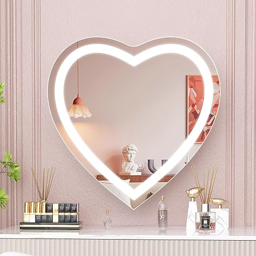 Espejo de tocador en forma de corazón con luces de 24 x 24 pulgadas, espejo de baño LED iluminado frontal con 3 colores, regulable continuo,