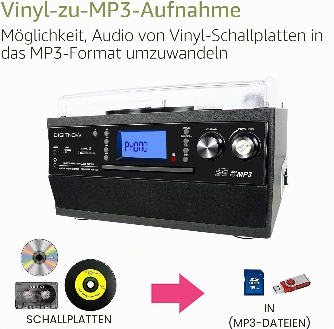 DIGITNOW! Bluetooth Viny Plattenspieler Plattenspieler für CD, Kassette, AM/FM Radio und Aux In, USB-Anschluss und SD-Codierung, Fernbedienung, mit eigenständigen Stereo-Lautsprechern