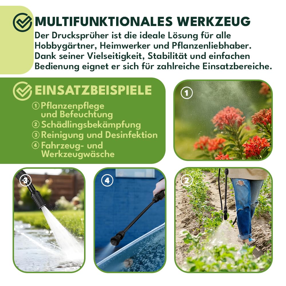 KRUMAD Drucksprüher 5L, Gartenspritze mit Lanze 203,5 cm, Maximaler Druck 3,2 bar, Hand Drucksprühgerät für Garten, Unkraut, Pflanzenschutz & Reinigung, Verstellbarer Sprühkopf, Tragegurt