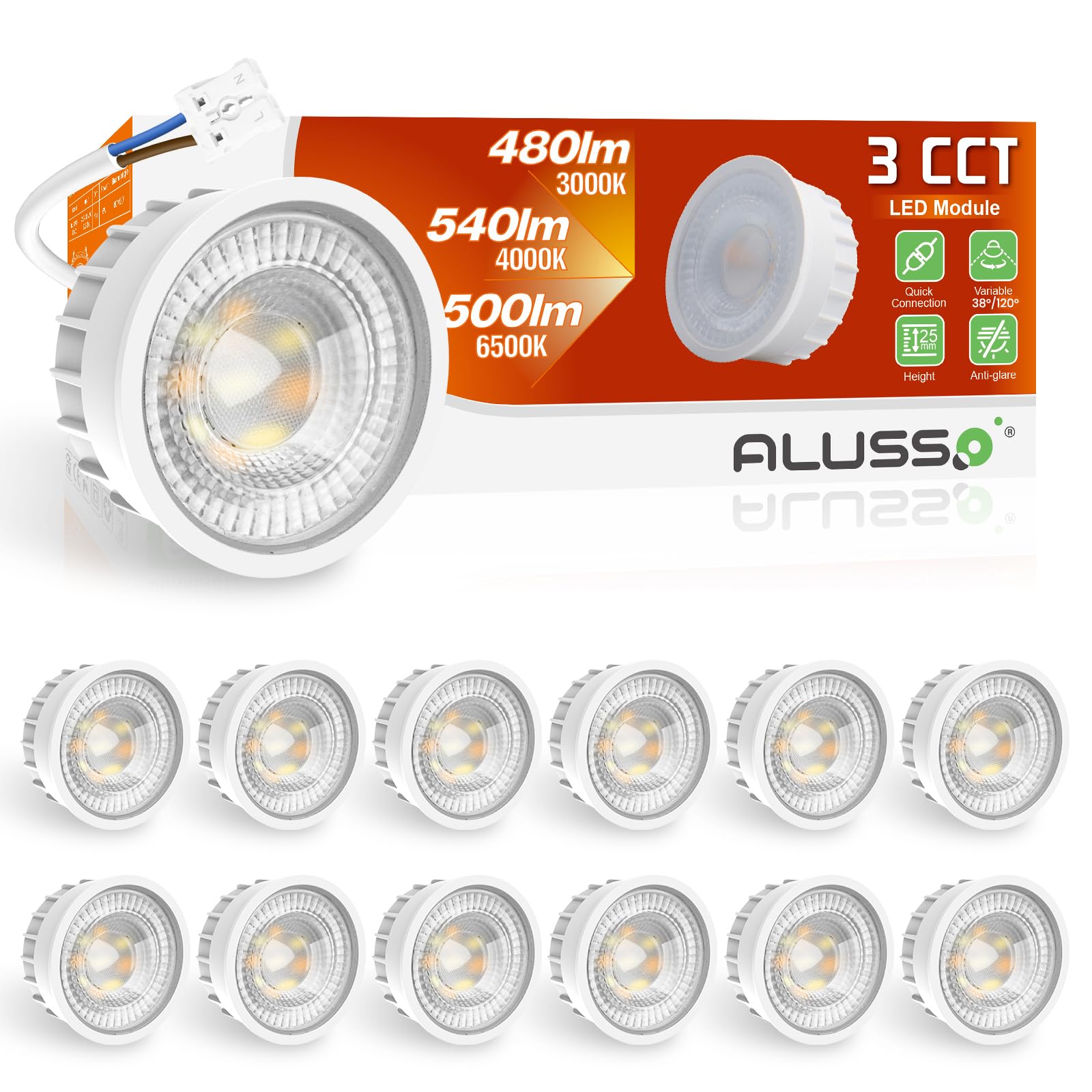 ALUSSO LED Modul Ultra Flach ø50x25mm für Einbaustrahler, 6W 540lm 230V, Warmweiß Naturalweiß Kaltweiß Dimmbar, Ersetzt GU10 MR16 Leuchtmittel, IP44 Wasserdicht, 12er
