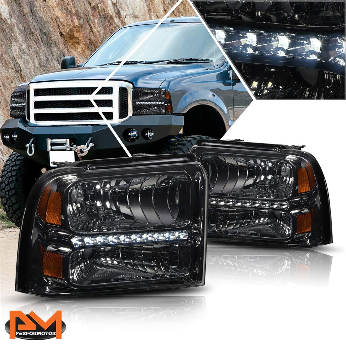 LED DRL Headlights Assembly Set Compatible with 05-07 Ford F250-F350 SD | Headlamps with