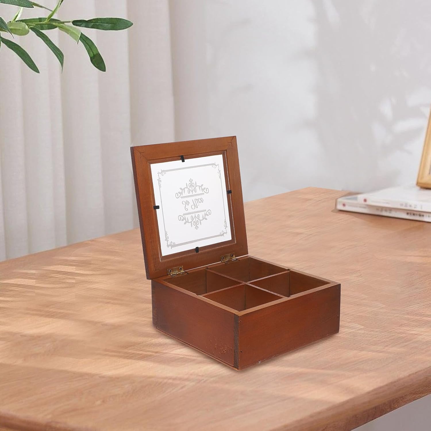 CALLARON Wooden Jewelry Box with Lid 4-compartment Table Organizer Case for Trinket Storage and Small Accessories Desktop Dustproof Storage image 3