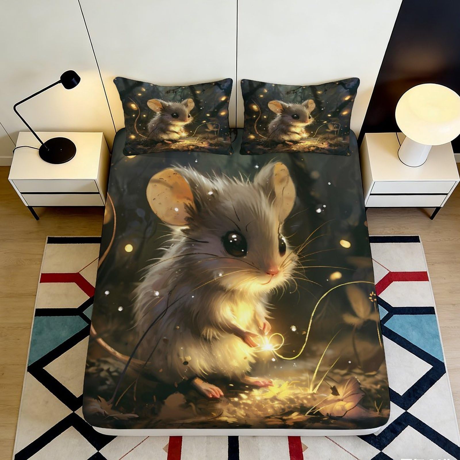 Jqzkxnhpbr Style-8 3D Printed Cute Mouse Fitted Sheet Microfiber Soft Breathable Firefly Night Bed Cover For Bedroom Dorm Decor 90X200x25cm