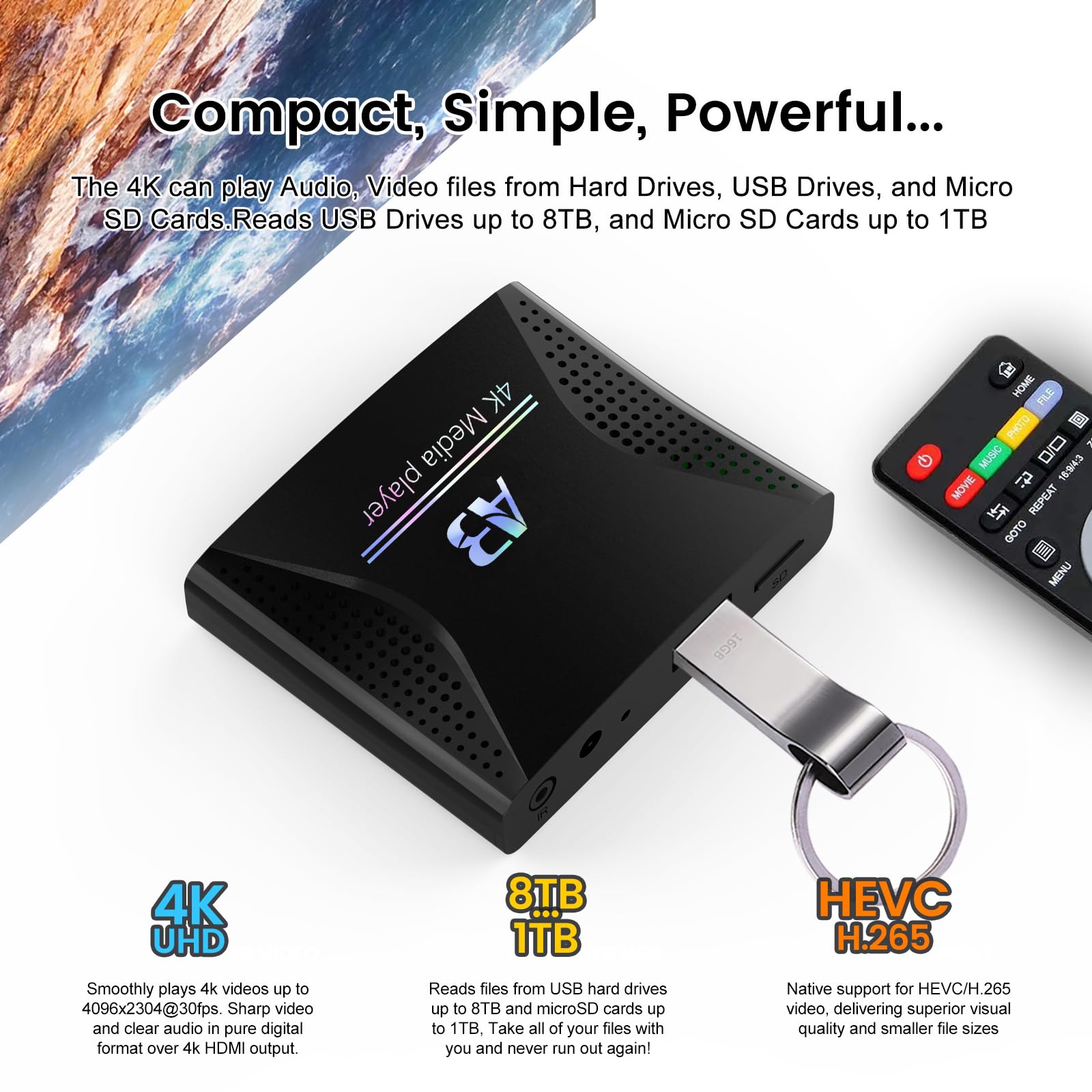 Lettore multimediale digitale 4K Ultra HD per unità USB e schede microSD, con HDMI e analogico AV, segnaletica digitale, con riproduzione automatica, ripresa e looping per video H.265, musica e foto