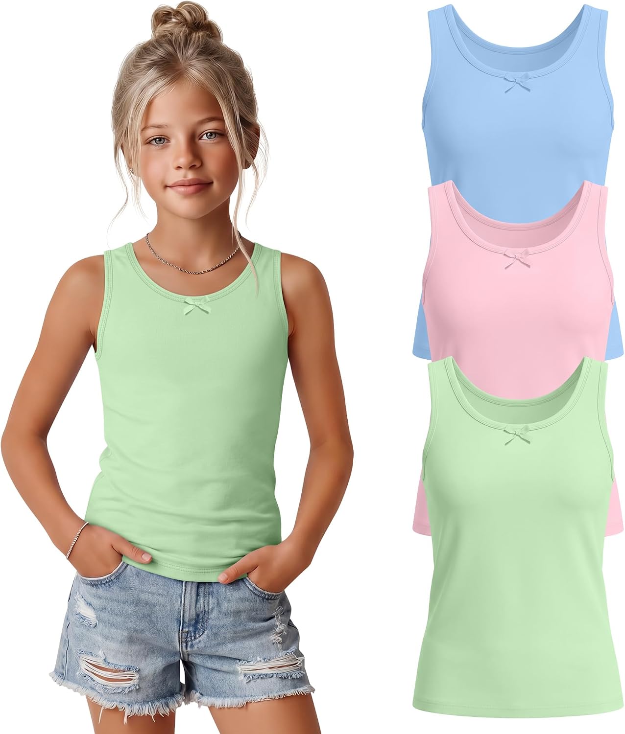 3 Pack Girls' Tank Tops Fitted Crew Neck Sleeveless Undershirts Kids Summer Casual Basic Athletic Shirts 5-14 Years