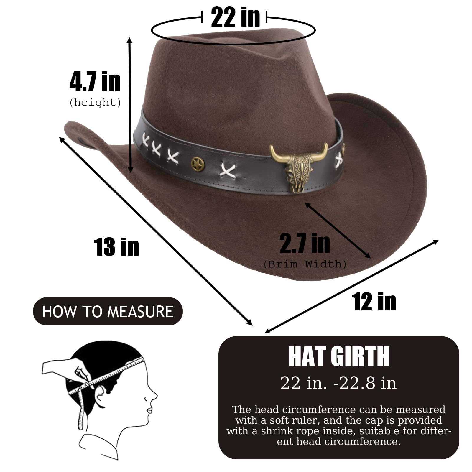 Sombrero de vaquero vintage occidental con banda de cuero para la cabeza de toro, fieltro de lana, ala ancha, elegante sombrero de vaquero para hombres y mujeres, elegante, transpirable, protección