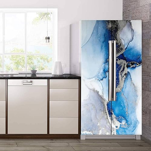 Miniatura 2 de Calcomanía autoadhesiva para refrigerador, diseño de mármol abstracto azul plateado, arte de tinta líquida, mural contemporáneo para puerta,