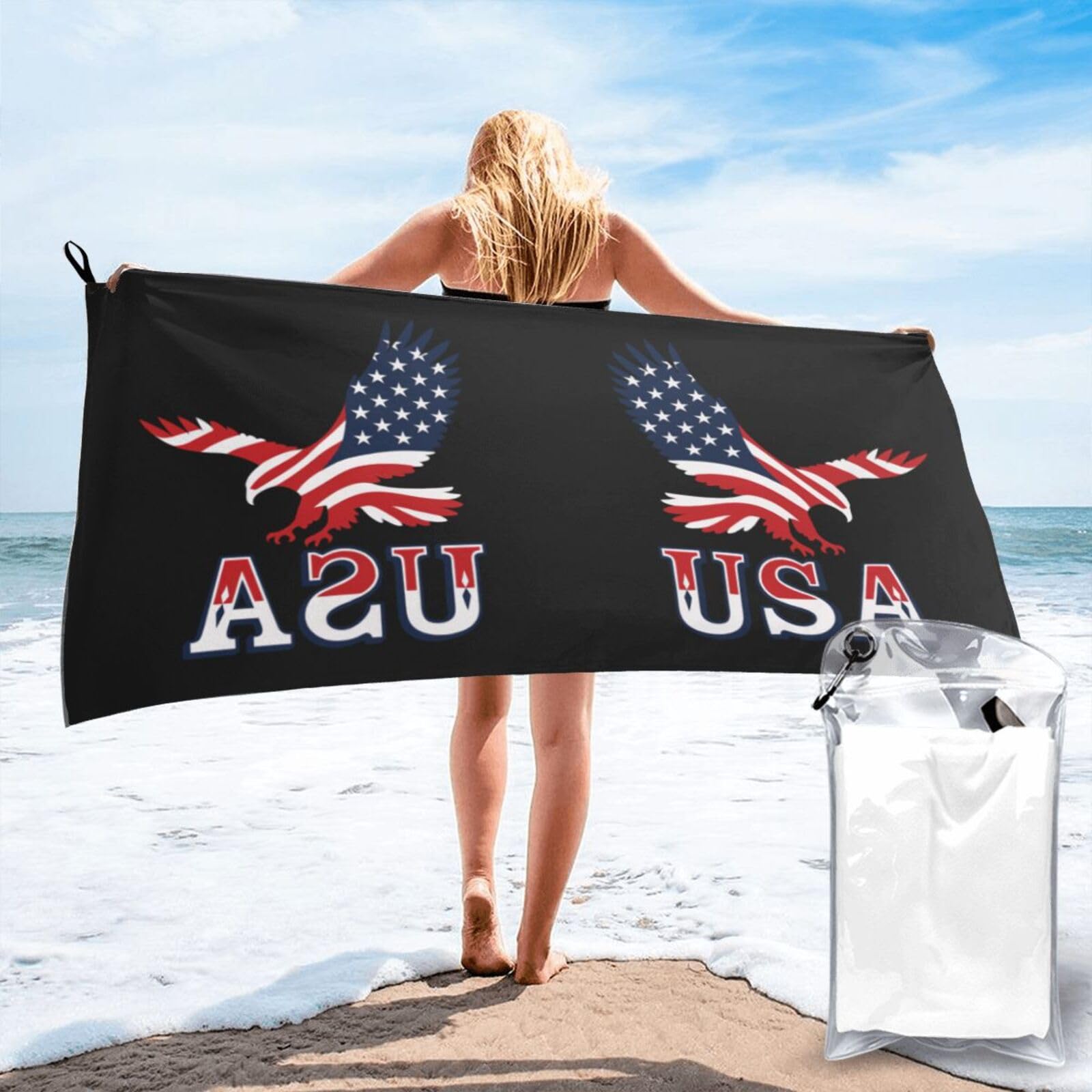 HLBSDM Eagle USA Flag Pattern Print Beach Towel Quick Dry Portable for Swimming Yoga Travel Campers