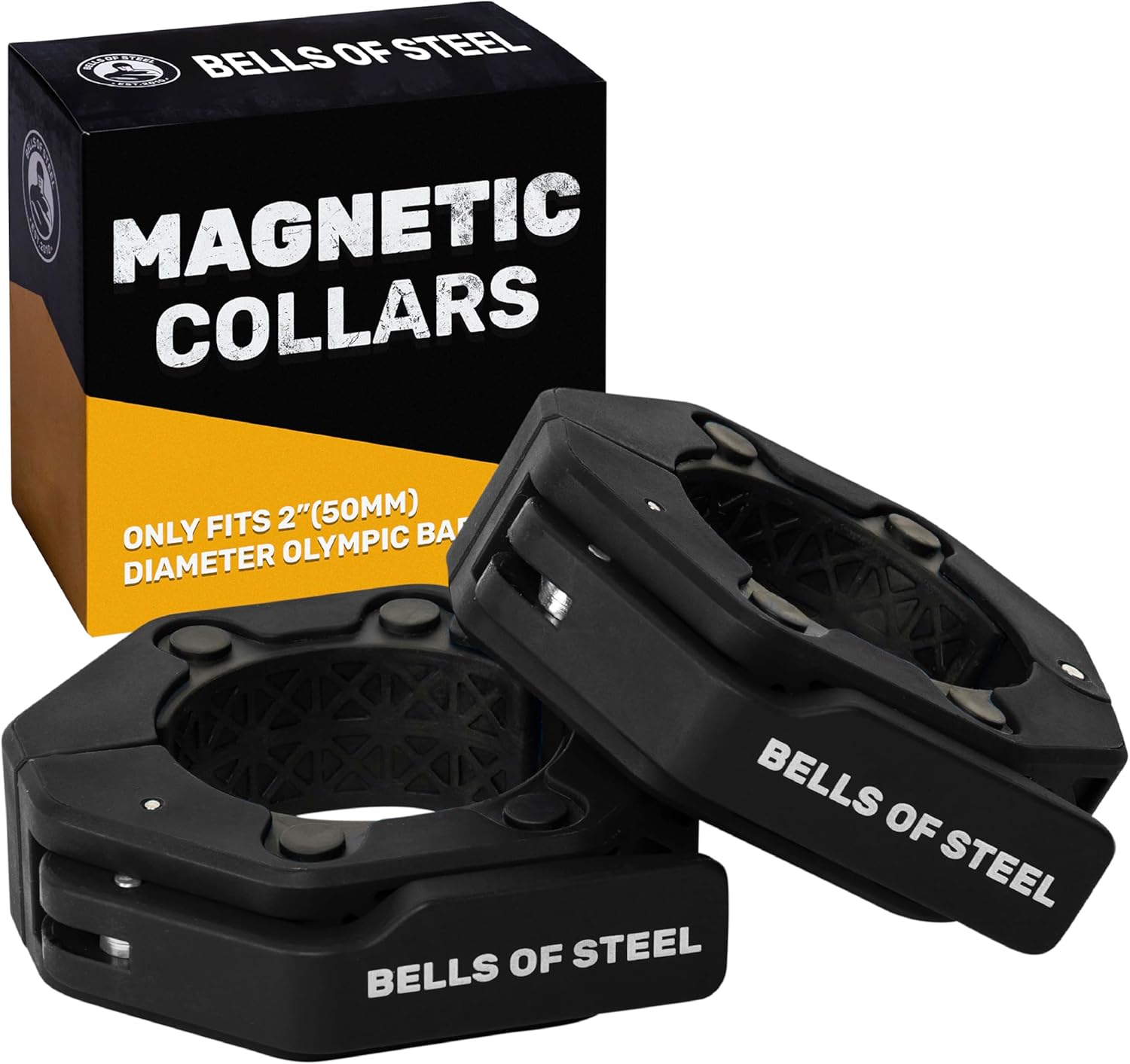 Magnetic Barbell Collars [Bells of Steel] Version 2.0 Premium Weight Bar Clamps, Quick Release Barbell Clips, Olympic Barbell Clamps, High-Strength Nylon Gym Clips, Pair, Black