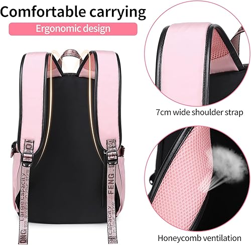 Miniatura 6 de FENGDONG Mochila escolar para niñas adolescentes, mochila casual para niños, mochila escolar para adolescentes, Negro Rosa, Mediana, Mochilas Daypack