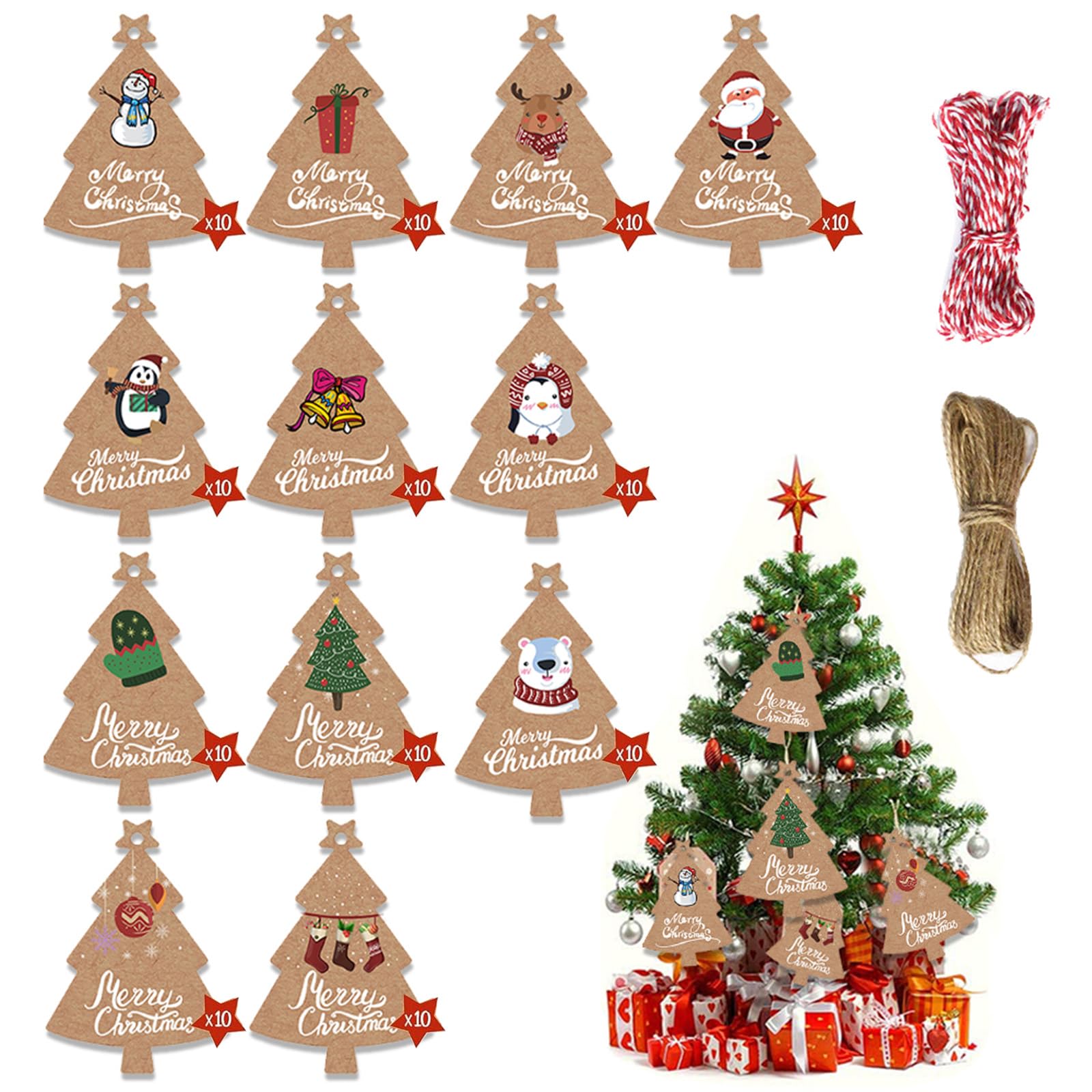 Etichette Regalo Di Natale In Carta Kraft - 50 Pezzi Con Spago, Per Pacchi, Albero, Decorazioni Fai-da-te