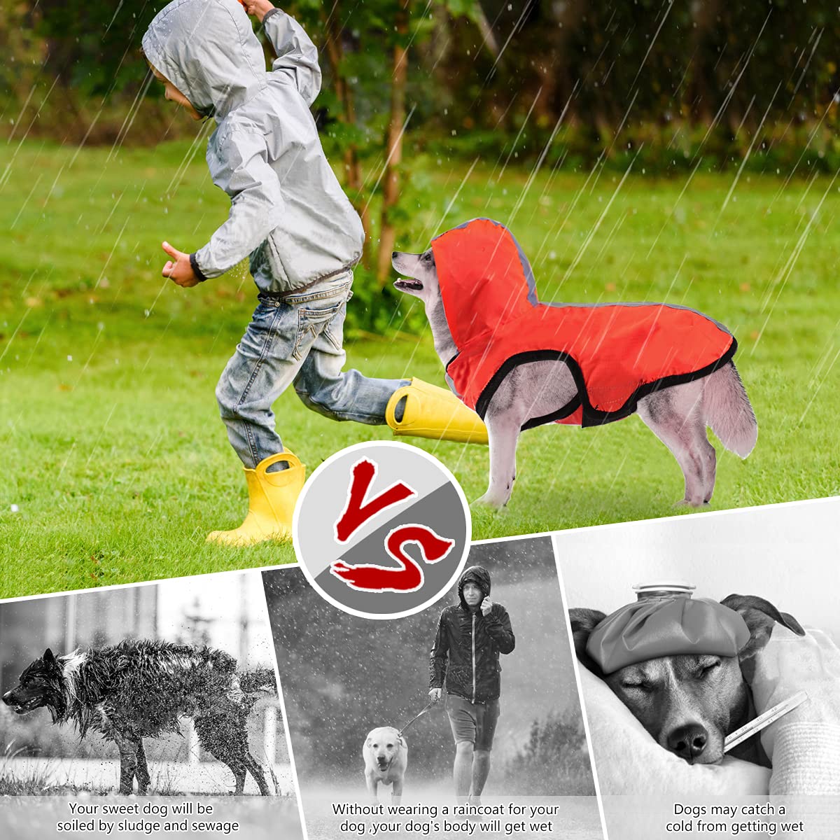 Idepet Chaqueta Impermeable para Perros 2 en 1, Mono liviano para Mascotas, con Capucha para Perros, Cubierta Completa, Transpirable, para Lluvia, para Perros pequeños, medianos y Grandes (M, Rojo)
