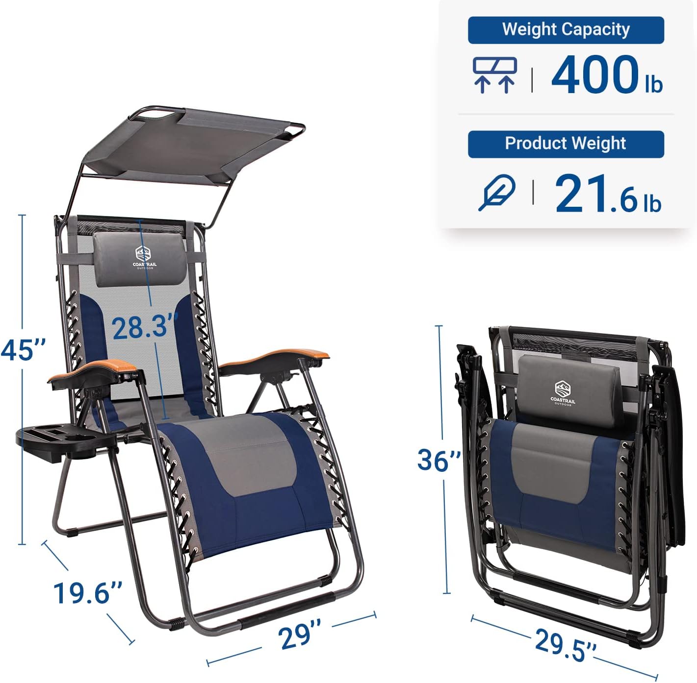 Coastrail Outdoor Premium Zero Gravity Reclining Lounge Chair with Sun Shade, Padded Seat, Cool Mesh Back, Pillow, Cup Holder & Side Table for Sports Yard Patio Lawn Camping, Support 400lbs Navy&Grey : Patio, Lawn & Garden