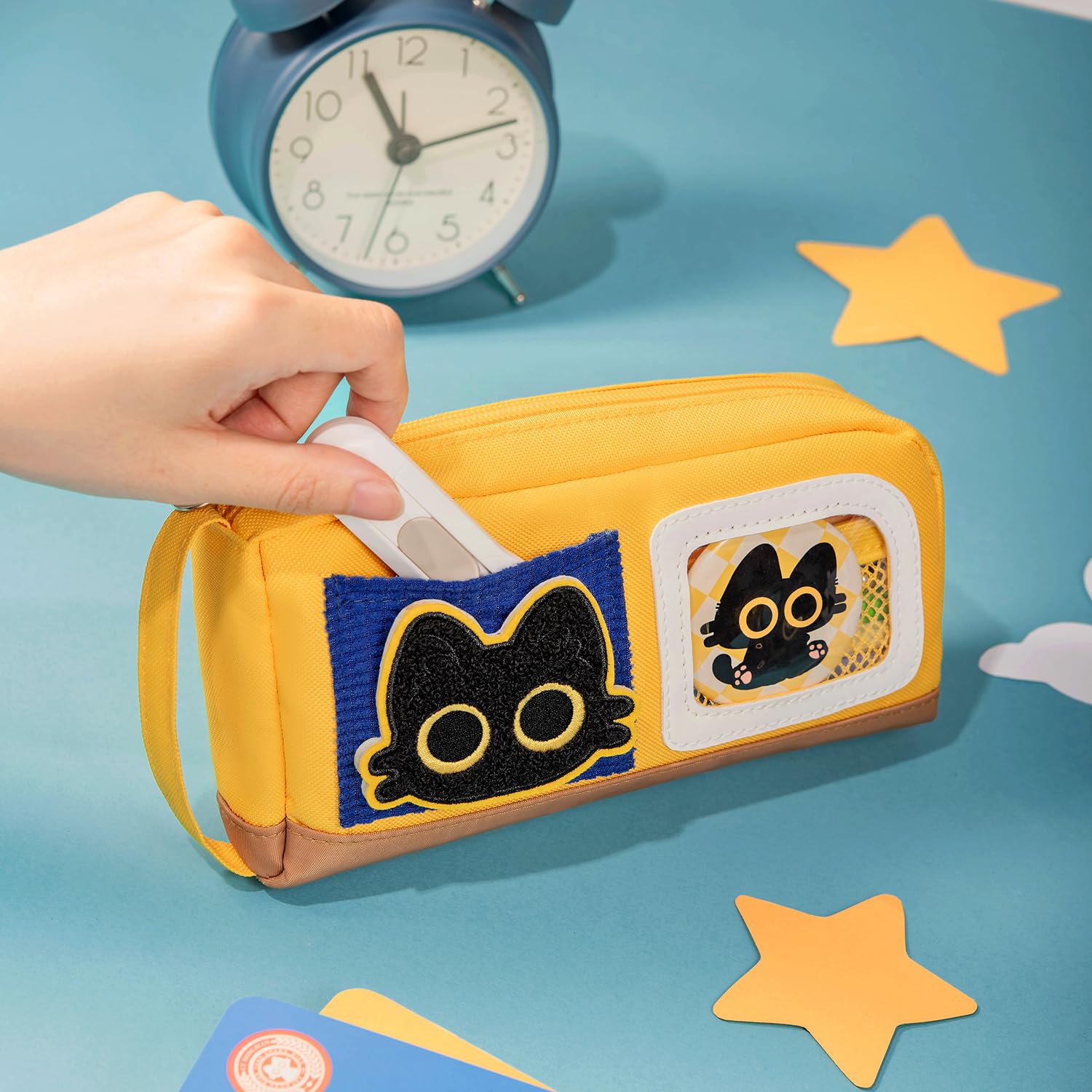 Pencil Case Large Capacity Adorable Cat Pencil Pouch Stationery Pen Bag for Teen Girls and Boys with Magic Sticker and Decoration Badges-Yellow - Image 3