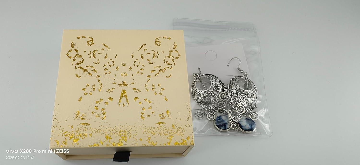 Vintage Bohemian Chandelier Earrings, Antique Silver Filigree with Blue Indigo Tie-Dye Fabric Accent, Handmade Ethnic Drop Dangle Style - Image 5