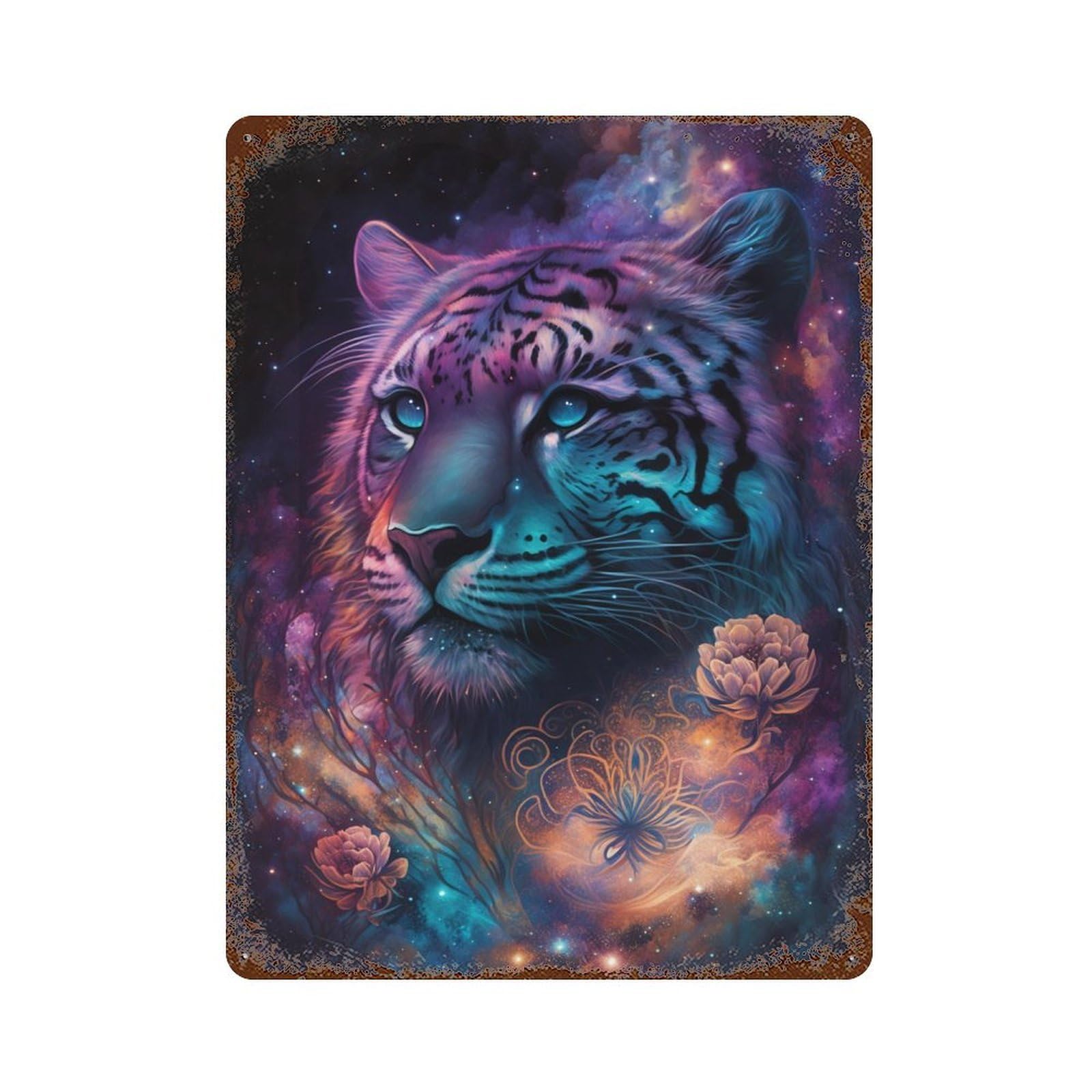 Galactic Tiger Fantasy Art Print -2 Vintage Wall Sign 15.7"x11.8", Rust Effect Metal Decor for Shed, Workshop And Garage Wall Decor