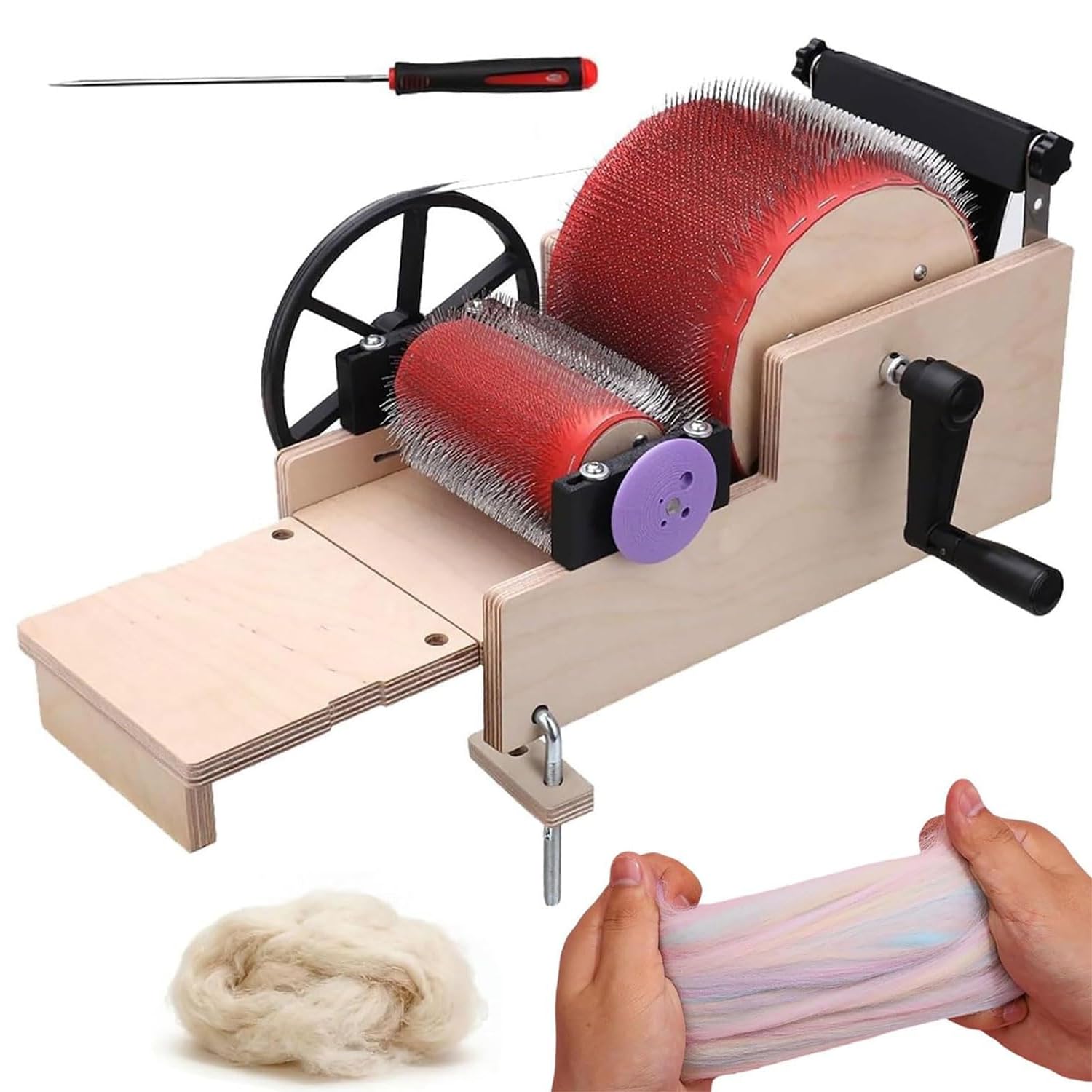 Esta cardadora de Tambor Manual para Lana, máquina de Peinado de Fibras con manivela para una rápida Mezcla de Colores, Hilado y elaboración de Manualidades de Animales de Fieltro.
