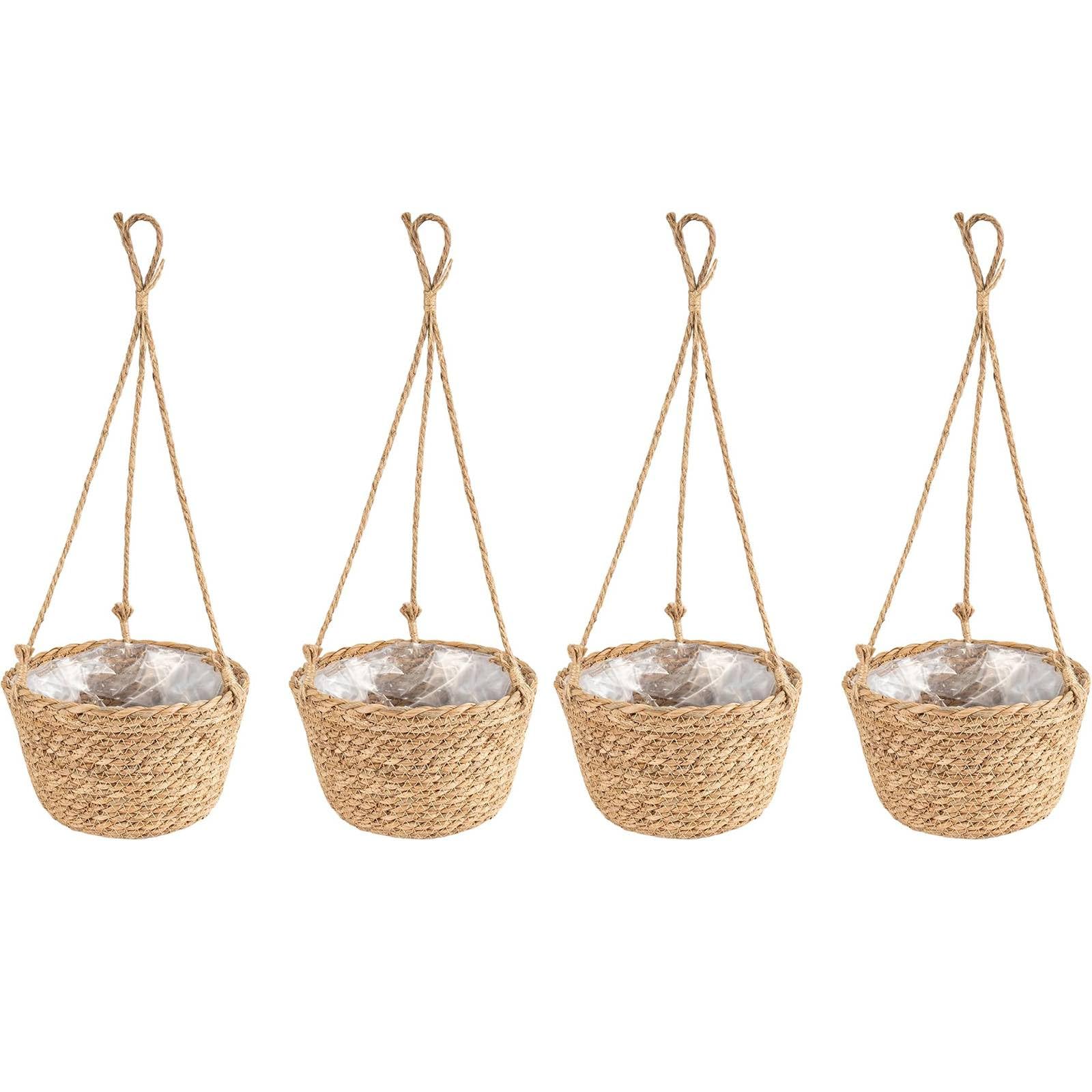 EVERGOODS Hanging Basket 4 Pack – 19cm Indoor & Outdoor Plant Pots with Jute Rope, Foldable Seagrass Macrame Planters for Succulents, Herbs, Home & Garden Décor (Yellow 4PCS)