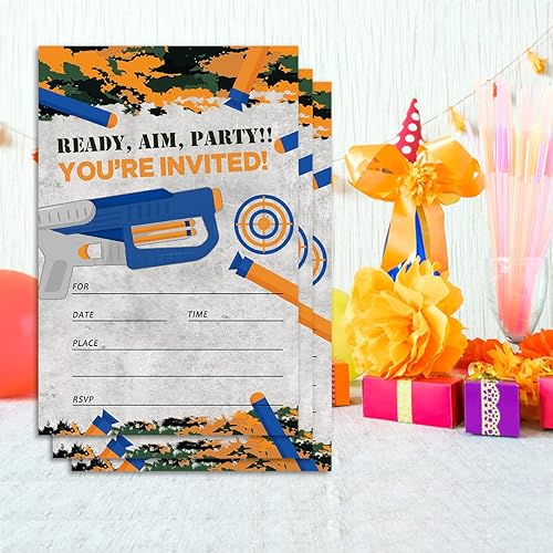 Miniatura 7 de DEOTEDI Invitaciones de fiesta de pistola para niños, idea de fiesta de cumpleaños con temática de pistola para niños, tarjetas de invitaciones