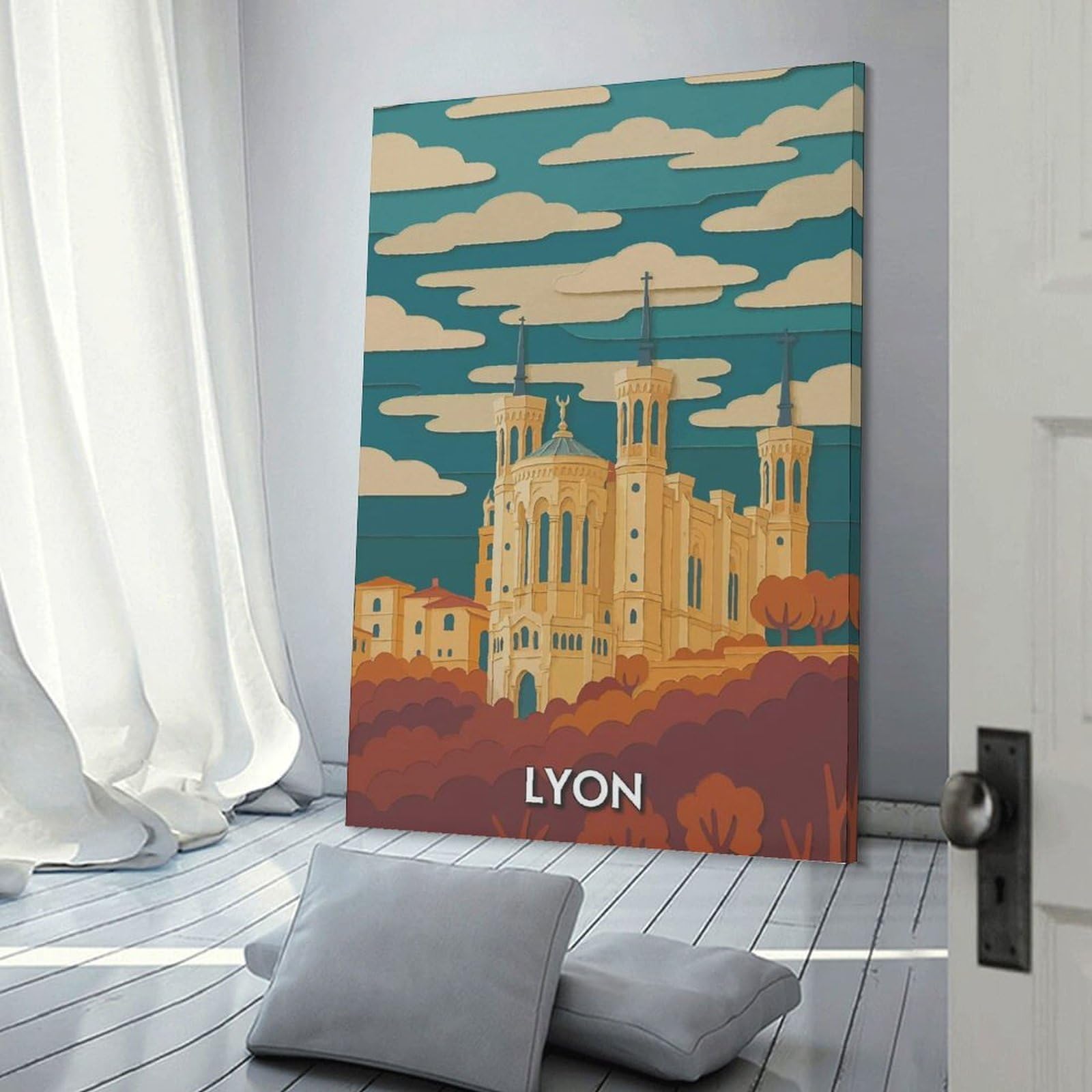 Junmoney Frame-Style-2 Lyon Cityscape Paper Cutout Style Canvas Art Print, 20X30inch(50X75cm), For Restful Interiors, Bedrooms Or Small Rooms, A Warm Accent For Relaxed Interiors