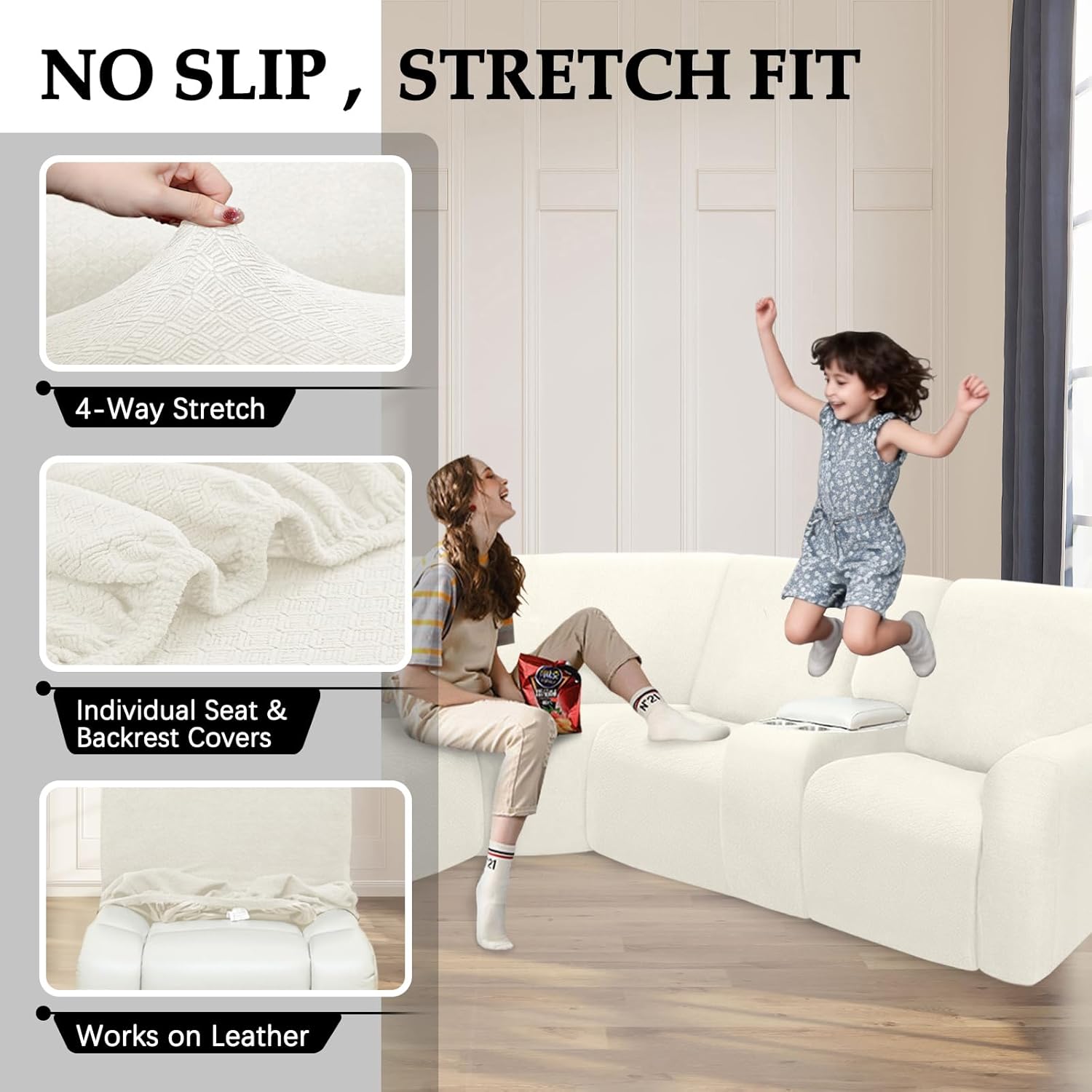 Reclining Sectional Couch Covers Waterproof L Shape Washable Recliner Sofa Cover for L Shaped Sectional Super Stretch Soft Corner Recliner Slipcovers (5 Seater 1 Console Cover, Ivory)