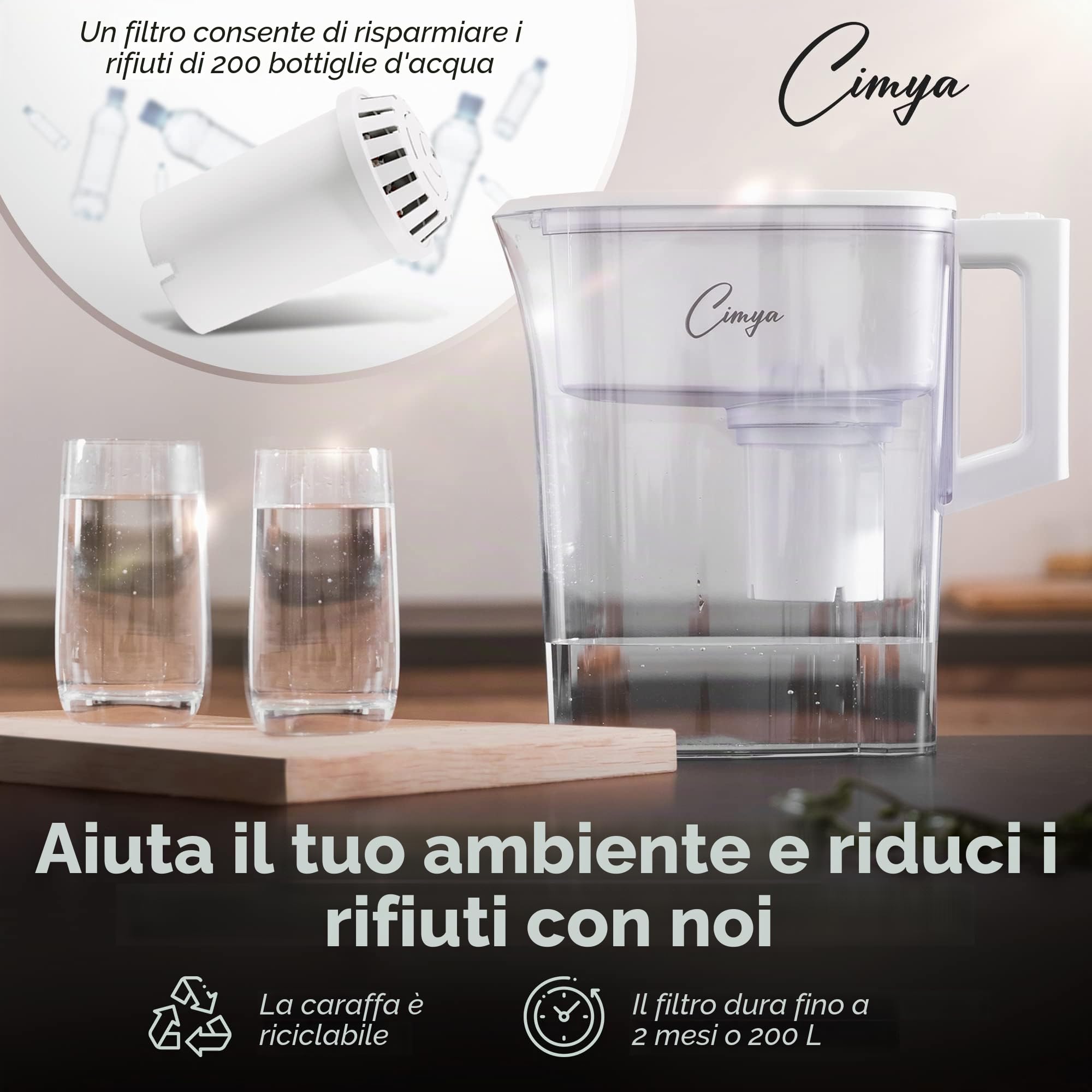 Filtro per acqua potabile, filtro 2,4 litri + cartuccia filtro 1 x 2 mesi, carbone attivo, ammorbidito, calce, cloro, pesticidi e batteri, aumenta il pH (bianco)