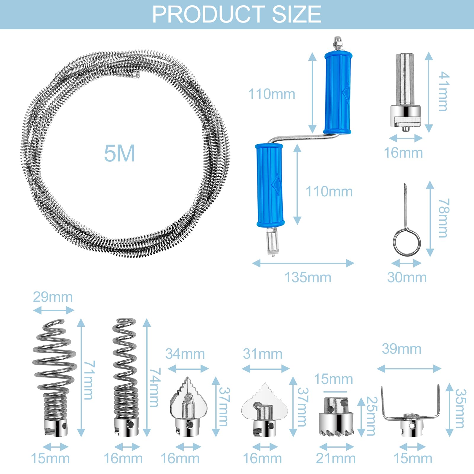 Chiluxendo Desatascador Tuberias Profesional 5M Diámetro 12 MM, Sirga para Desatascar Tuberias, Serpiente de Drenaje, Muelle Desatascador Tuberias, Limpiar Tuberías, Limpiador de Tubos en Espiral