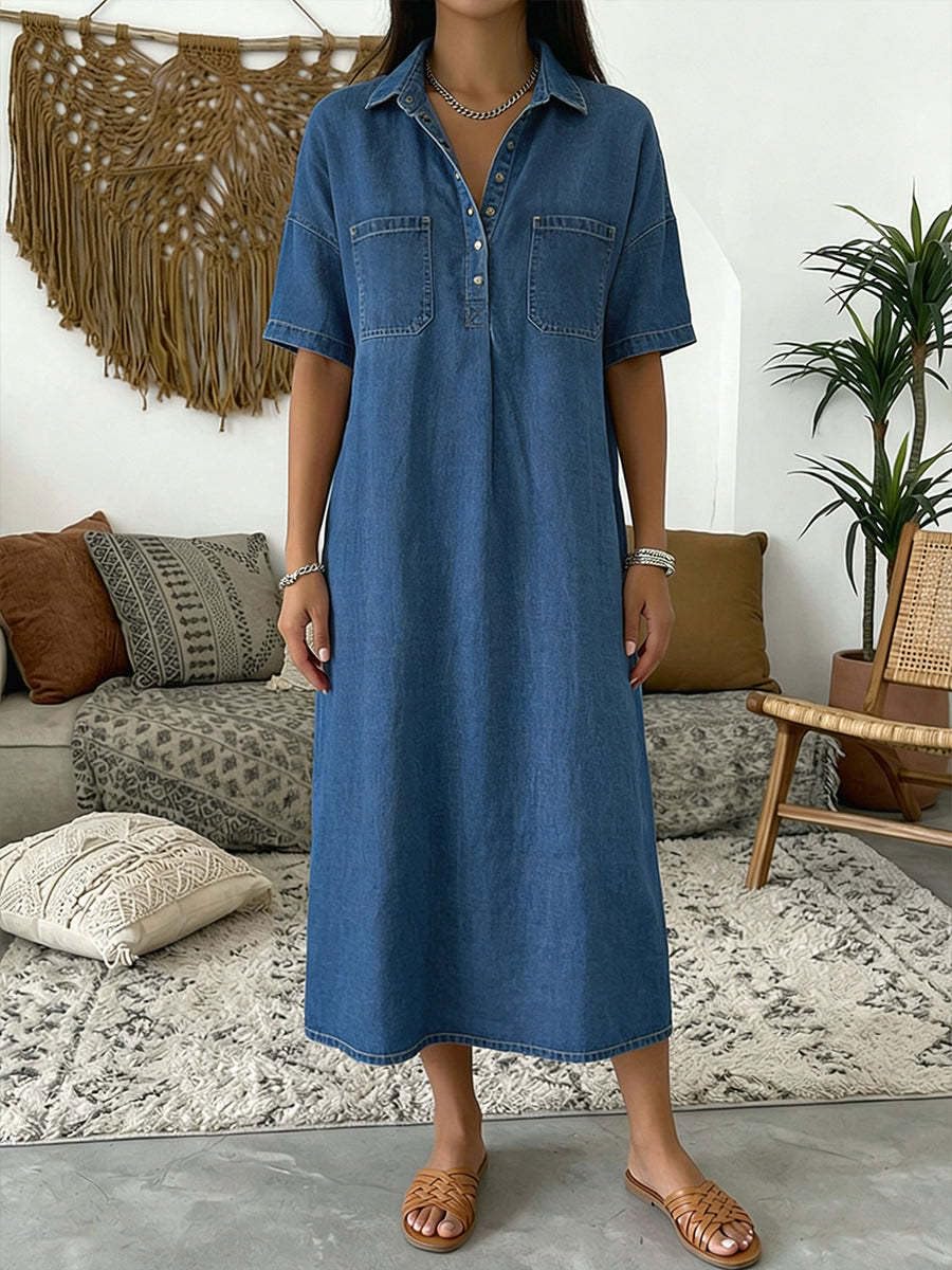 Vestido Vaquero Holgado de Verano para Mujer con Cuello en V y Botones; Vestido Vaquero Casual Holgado con Pliegues y Manga Corta