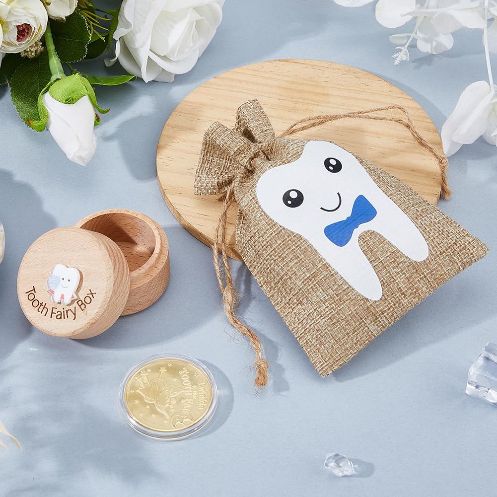 SUPERFINDINGS 1 Set Wood Tooth Fairy Box with Fairy Reward Coin and Linen Pouches Blue Dropped Tooth Keepsake Collection Storage Box for First Lost Teeth Fairy Gifts - Image 4