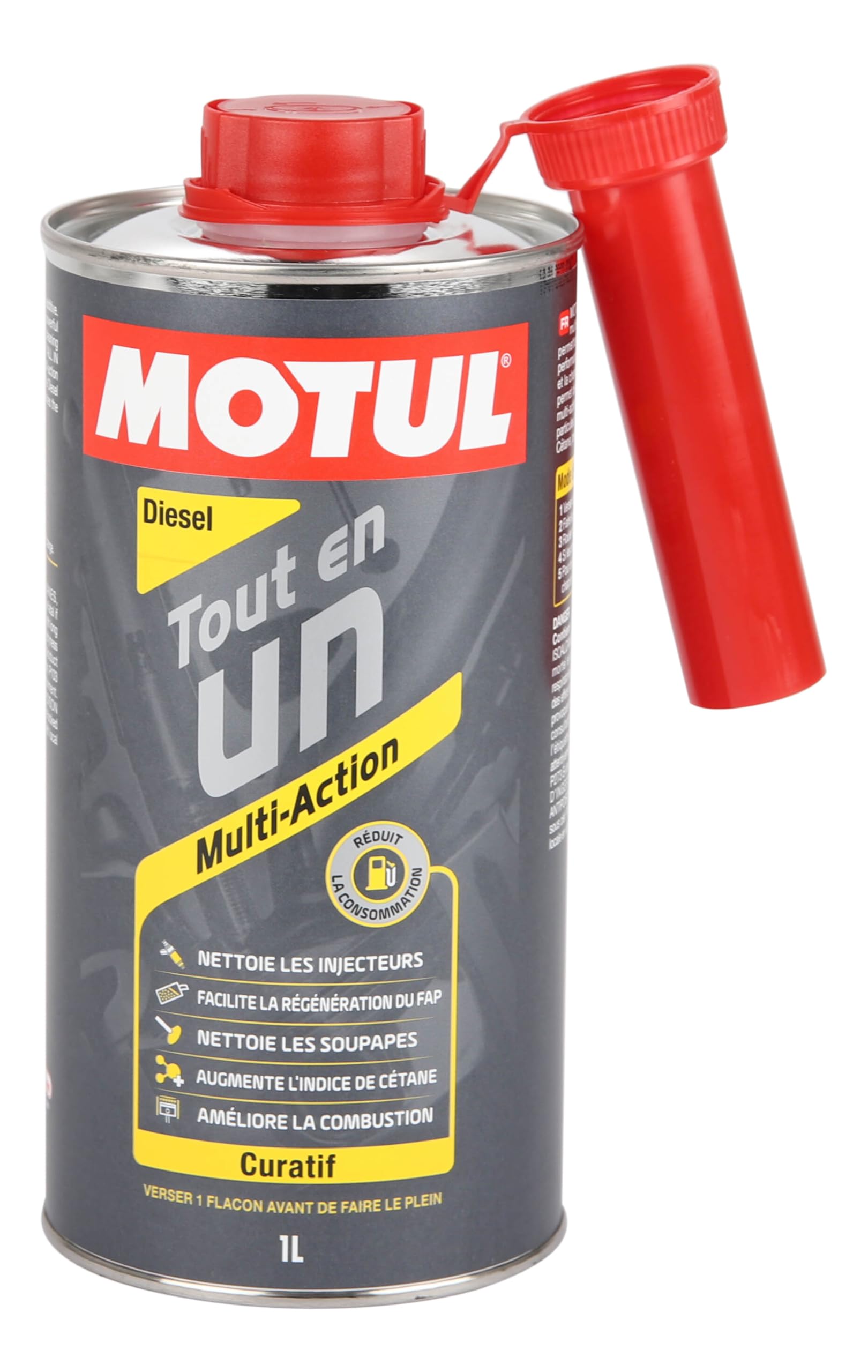 Motul - Additif Tout en Un Diesel - Nettoyant Multi-Action Curatif - Réduction Consommation et Émissions - Idéal Avant Contrôle Technique - All in One Ultra Diesel - 1L