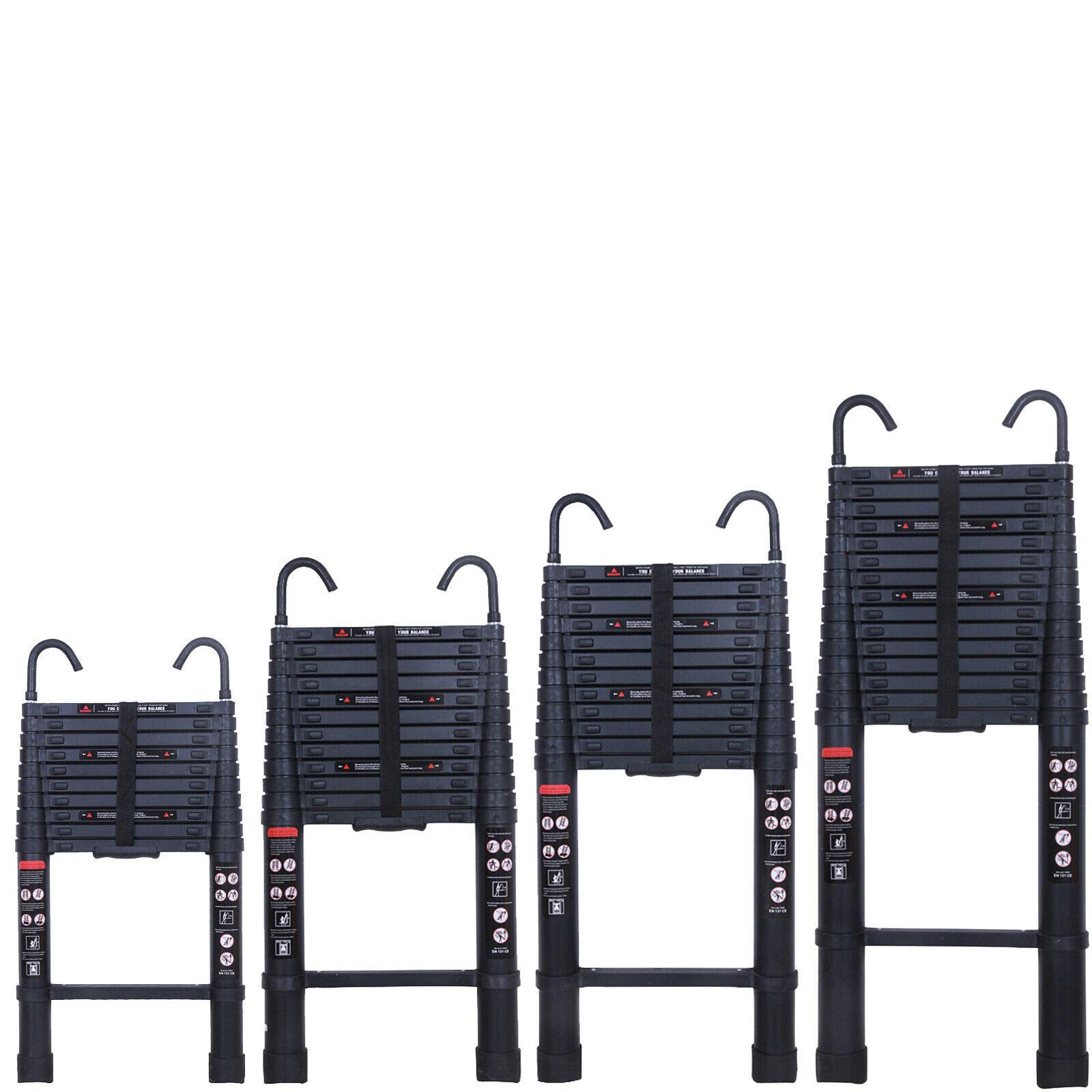Flyingbanana001 Black 3.2M/3.8M/5M/6.2M Aluminum Telescopic Ladder With Detachable Hook For Loft Indoor Outdoor Office House, Protable Folding Extension Ladder, En131, Max Load 150Kg