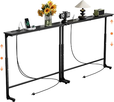 GRLEAF 2 Pack Adjustable Height Narrow Console Table with Power Outlets, 78.7" Long Sofa Table with Charging Station Behind Couch Table Skinny Entryway Table for Living Room and Hallway โ Black