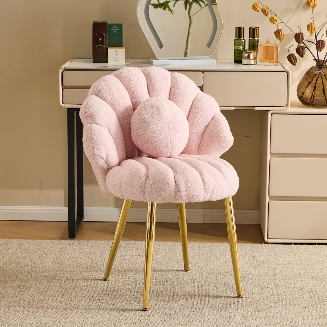 Bonnlo Makeup Dressing Table, Soft Plush Desk Chair without Wheels, with Shell Back and Removable Cushion, Nordic Style Dining Chair with Gold Legs and Round Back, Pink