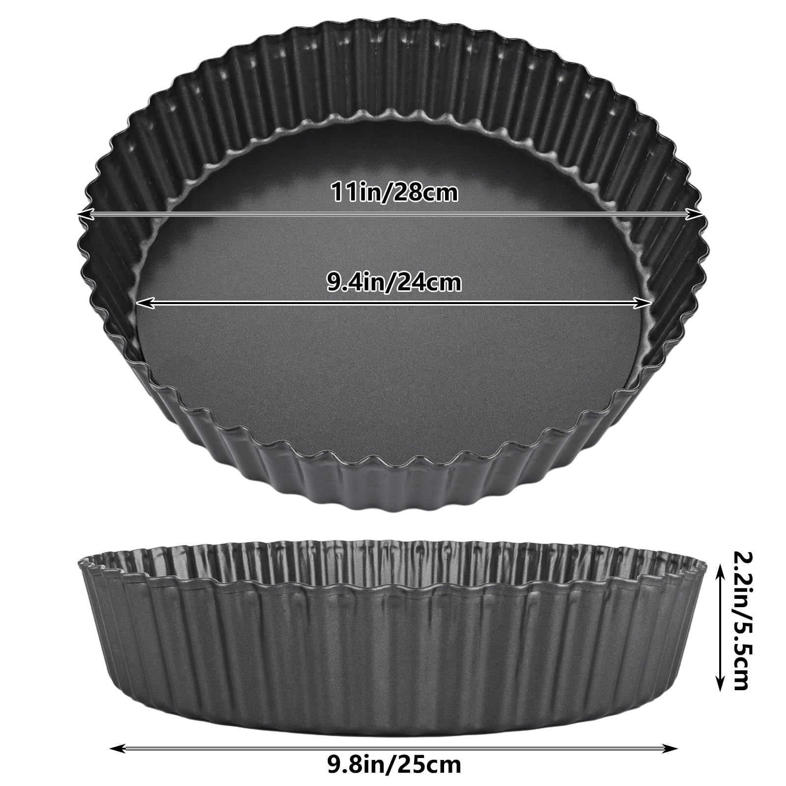 LOLYSIC 2Pcs Deep Quiche Tins with Loose Base, 5.5cm Deep Pie Dish Loose Bottom Flan Tin, Carbon Steel Fluted Tart Tins for Baking, Non Stick Quiche Dish with Removable Bottom, Black (28cm) - Image 2