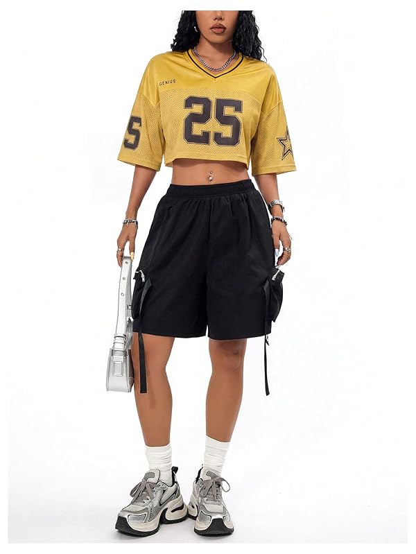 Verdusa Women's Jersey Shirts Hip Hop V Neck Short Sleeve Mesh Crop Top Graphic Tees Yellow by Verdusa - Used condition - Image 6