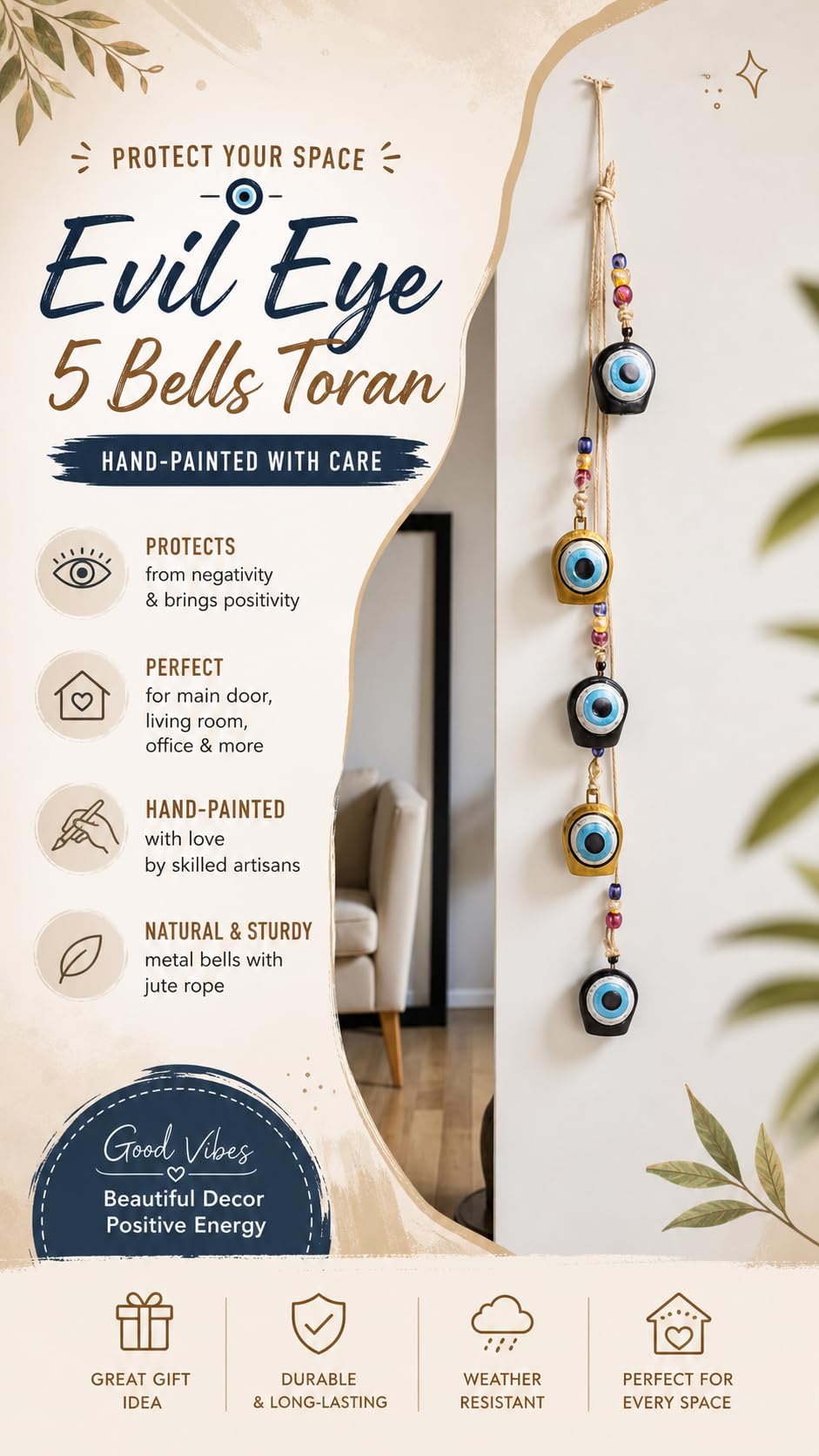 Evil Eye Toran - Hand Painted Nazar Battu with Bells -2