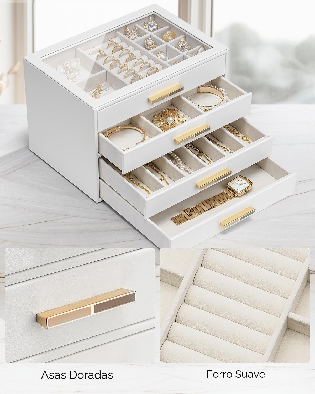 Vlando Joyero grande con 4 niveles, organizador de joyas con tapa de cristal, 4 cajones, para collares, pendientes, relojes, pulseras, almacenamiento de joyas, moderno, Cenicienta Plus, color blanco