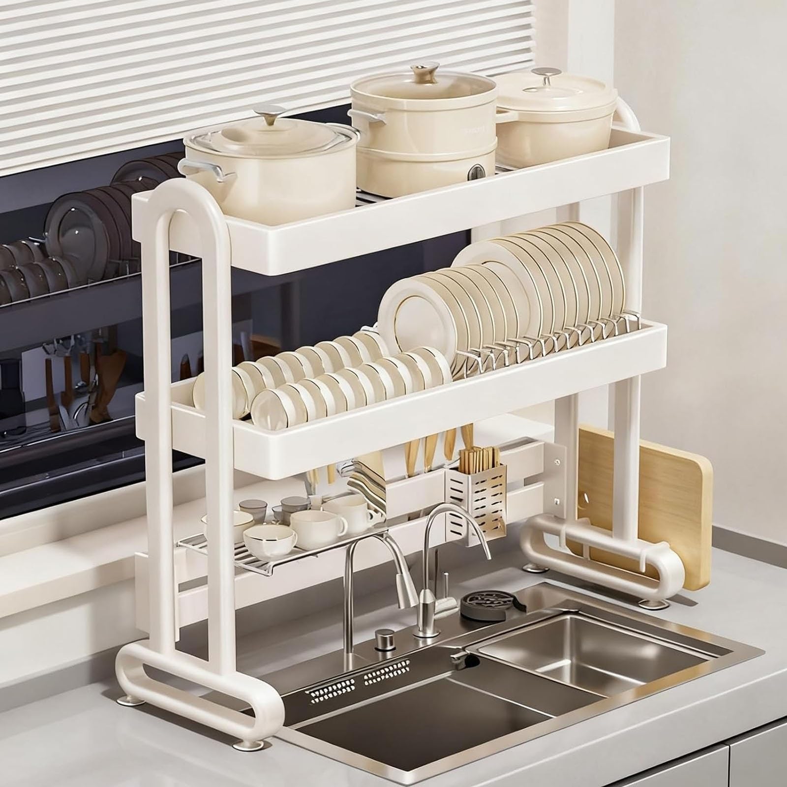 Stainless Steel Over The Sink Dish Drying Rack with Utensil Holder