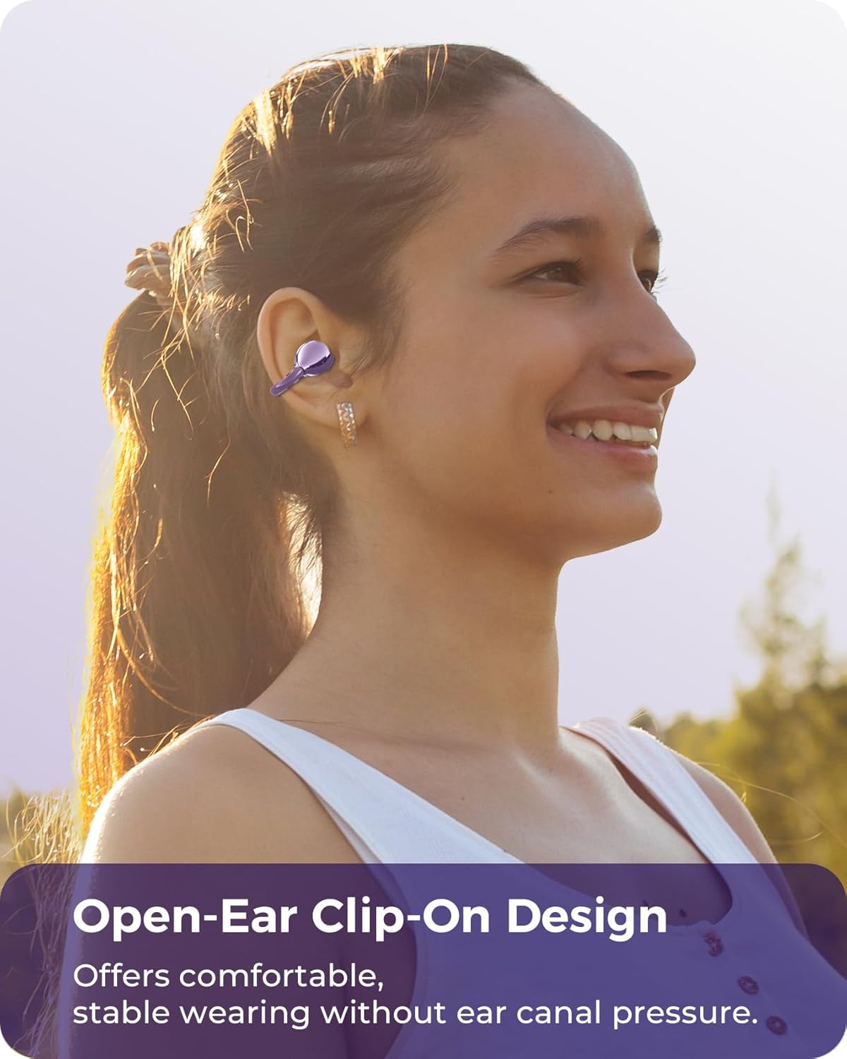 ClipFree Open-Ear Headphones, Upgraded V6.1 Bluetooth Wireless headsets, Comfort & Snug Fit Clip On Earbuds, Smart Power Display, 50H Playtime Headphones for Women Gifts, Sports & Workouts-Purple - Image 2