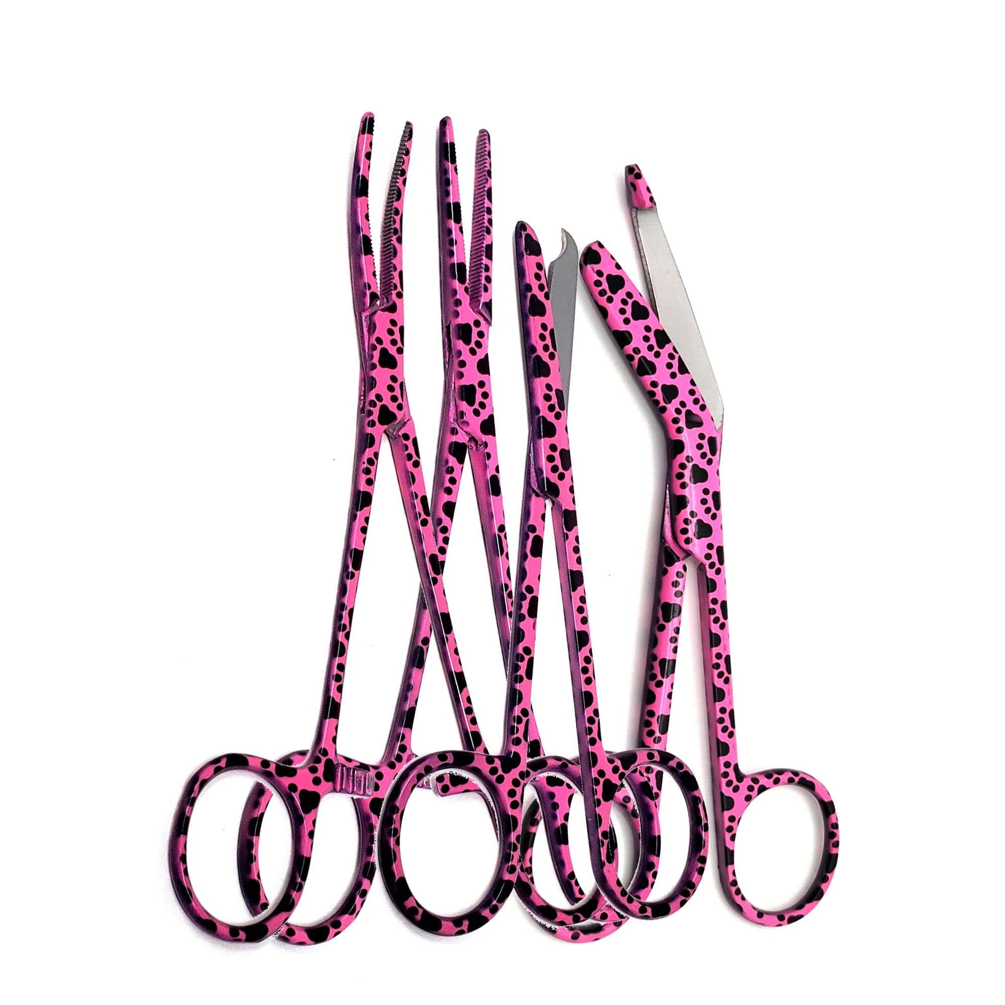Premium Grade Set of 4 Bandage Scissors 5.5", Stitch Scissors 4.5" and Hemostat 5.5" Straight & Curved -Premium Quality Stainless Steel (Pink Paws)