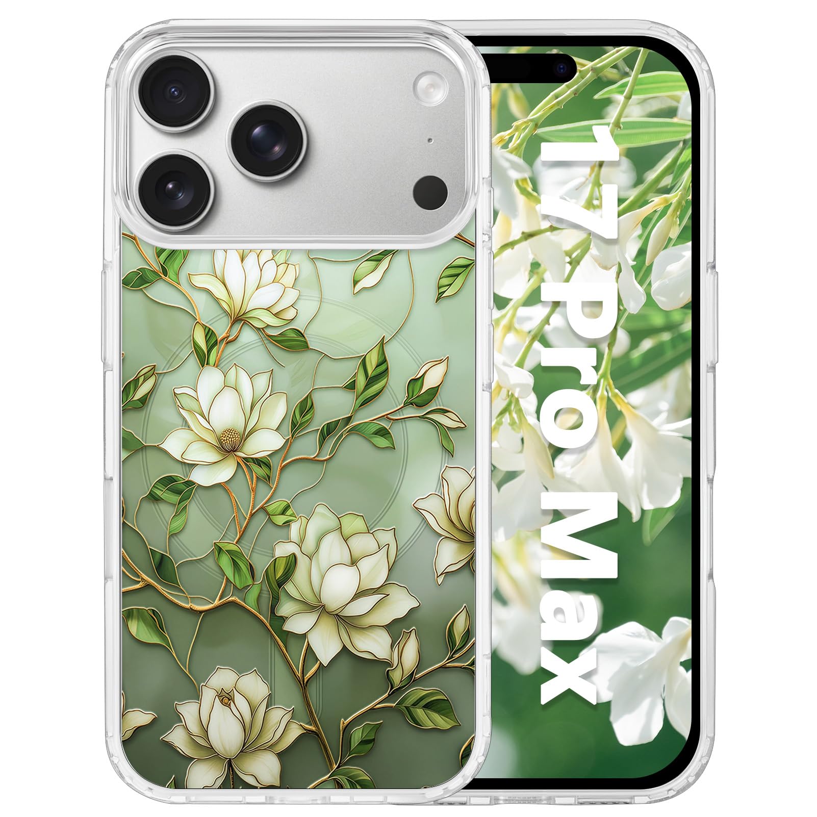Coque iPhone 17 Pro Max transparente motif floral compatible MagSafe avec dos rigide - 8