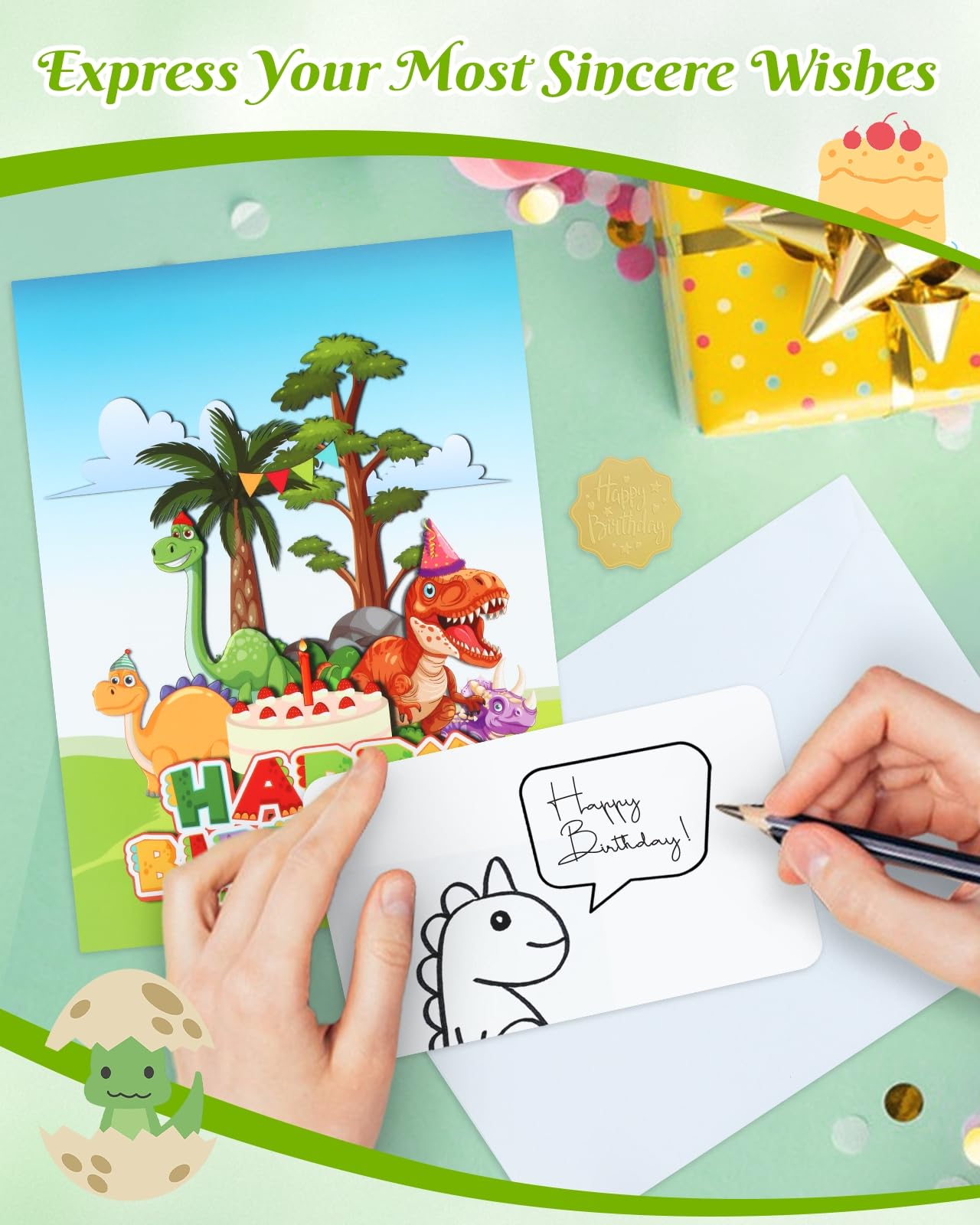 D4DREAM Cartes d'anniversaire musicales dinosaures pour enfants – Bougie soufflante musique et lumière 3D Pop Up Carte de vœux d'anniversaire avec enveloppe, insert vierge – Cadeau d'anniversaire sur