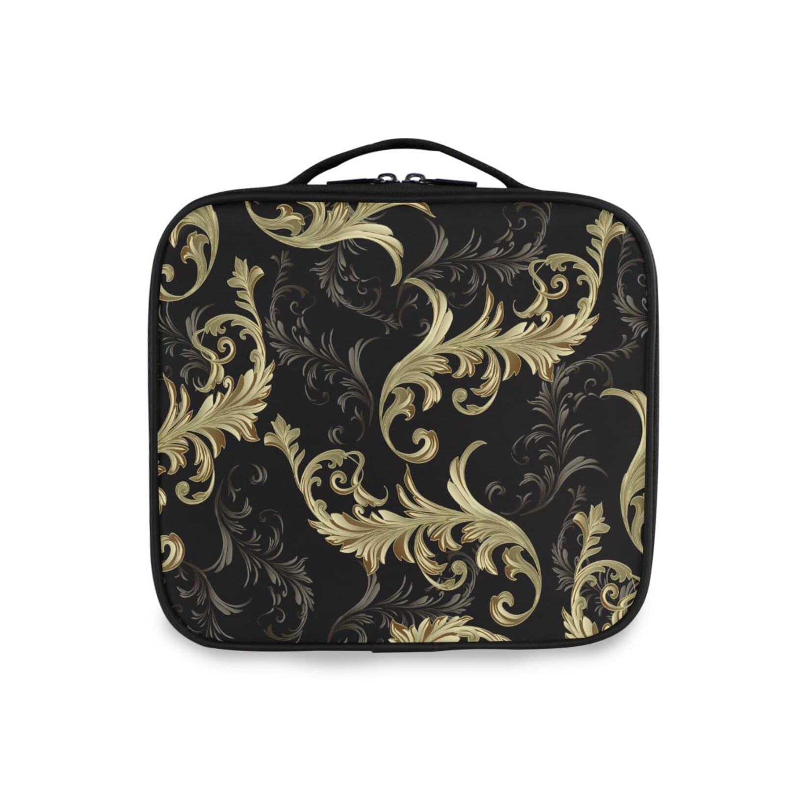 OTVEE Makeup Bag Black and Golden Baroque Floral Travel Cosmetic Bag Large Train Case with Adjustable Dividers