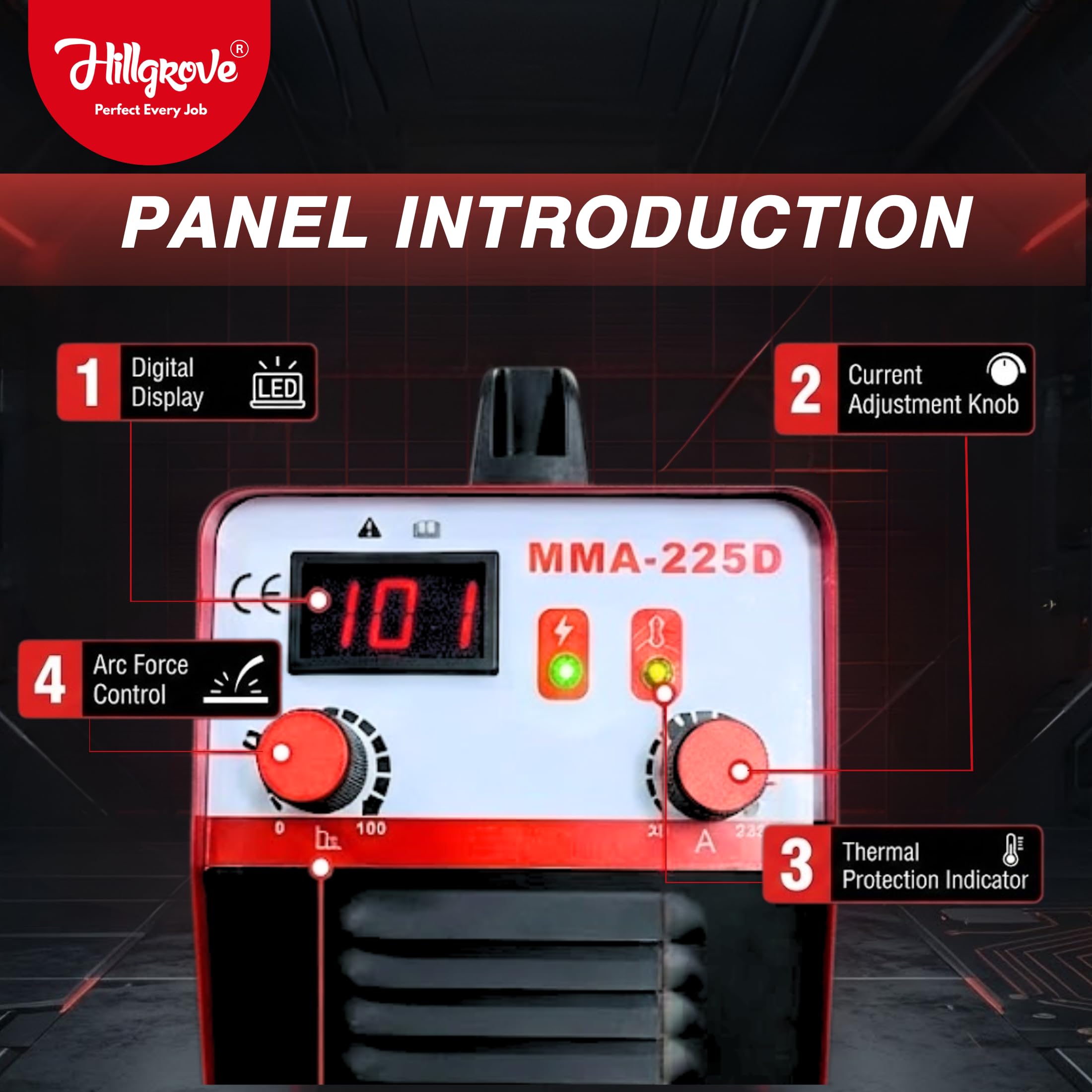 Hillgrove HGCM1210M2 225Amp Arc Force Control, AC, Anti Stick, Hot Start Function Rod Digital Display IGBT Based VRD Technology MMA Inverter Welding Kit Machine 2